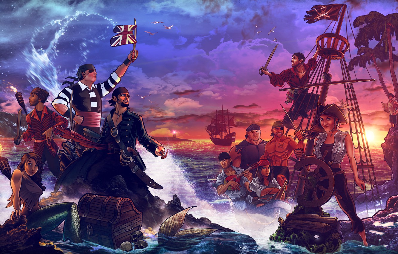 Wallpaper sea, shore, ship, island, mermaid, pirates, chest, treasures image for desktop, section разное