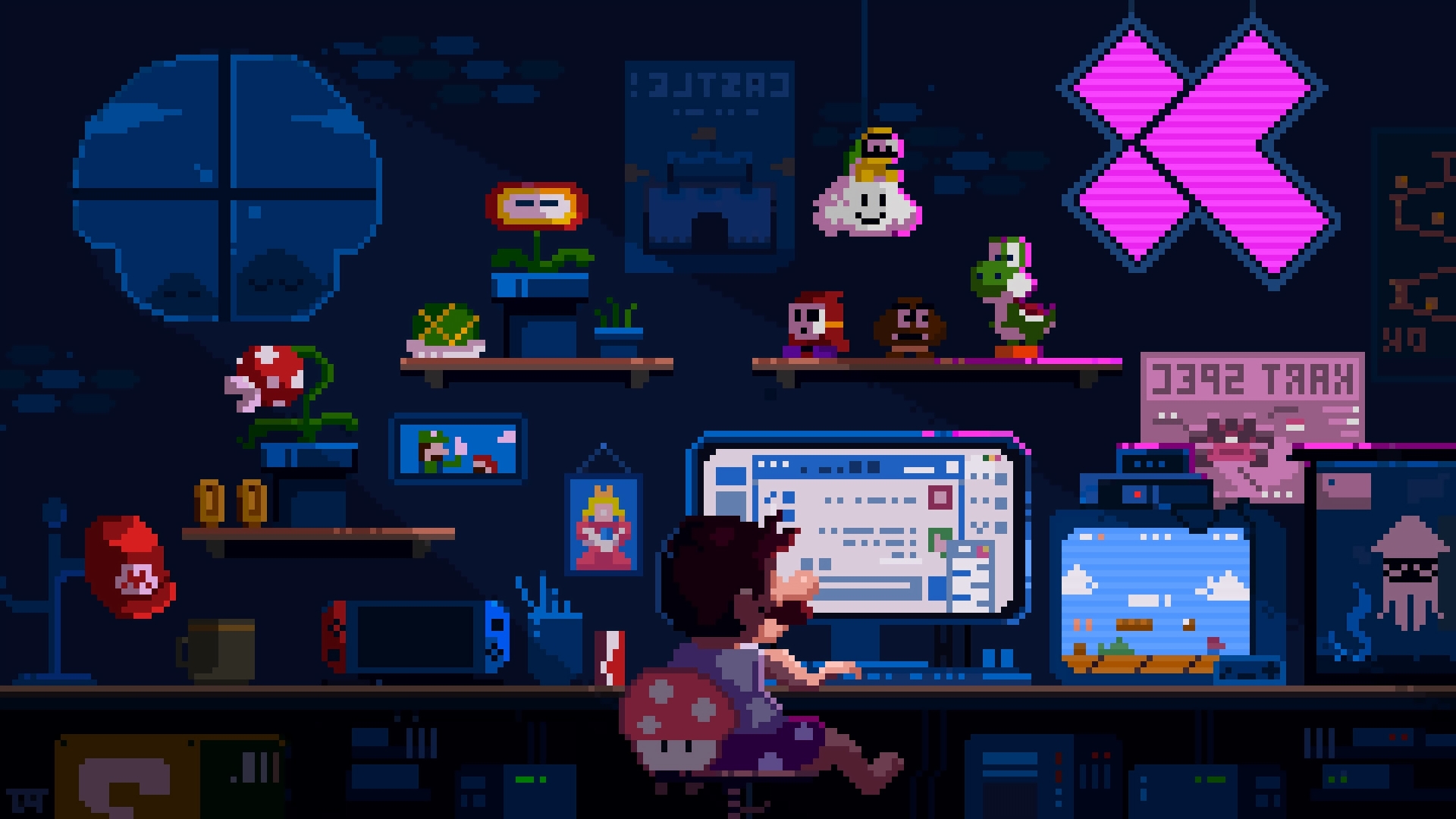 Wallpaper Mario, Pixel, Nintendo, Room, Night, Computer, Video Game:3840x2160