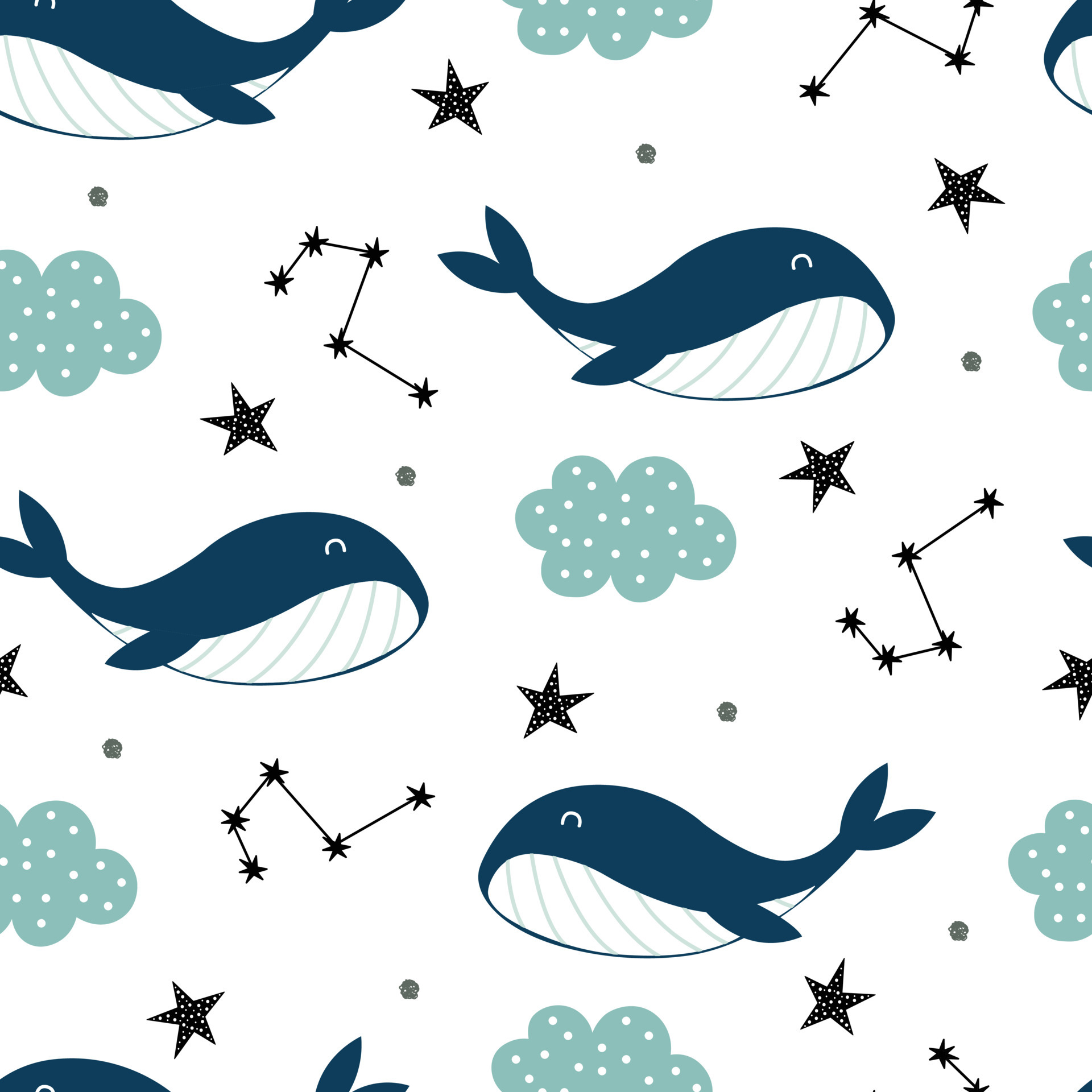 Blue whale with sky and stars seamless cute cartoon background. Designs used for textiles, clothing styles, prints, wallpaper, vector illustrations
