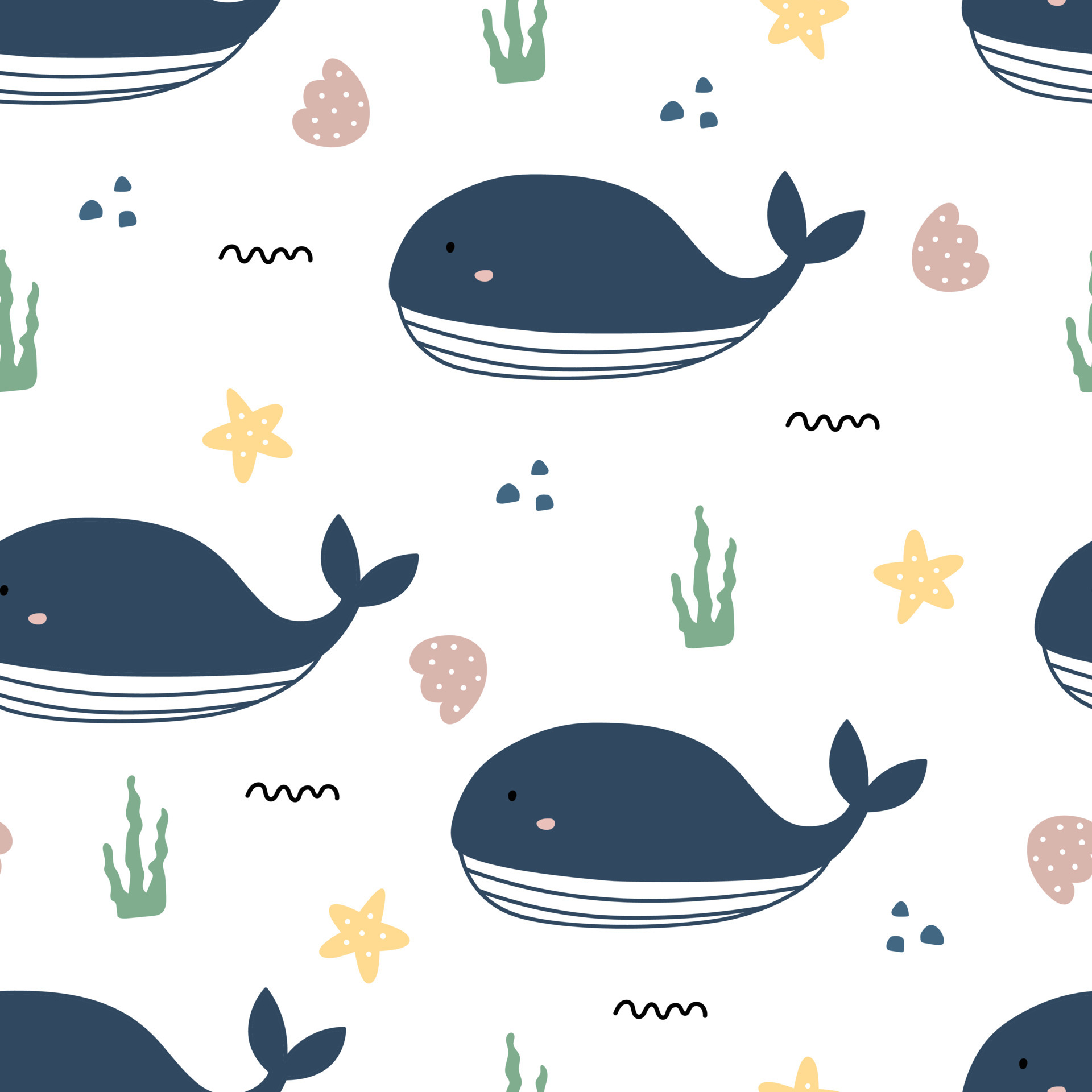 Blue whale with sea life seamless cute cartoon background. Designs used for textiles, clothing styles, prints, wallpaper, vector illustrations