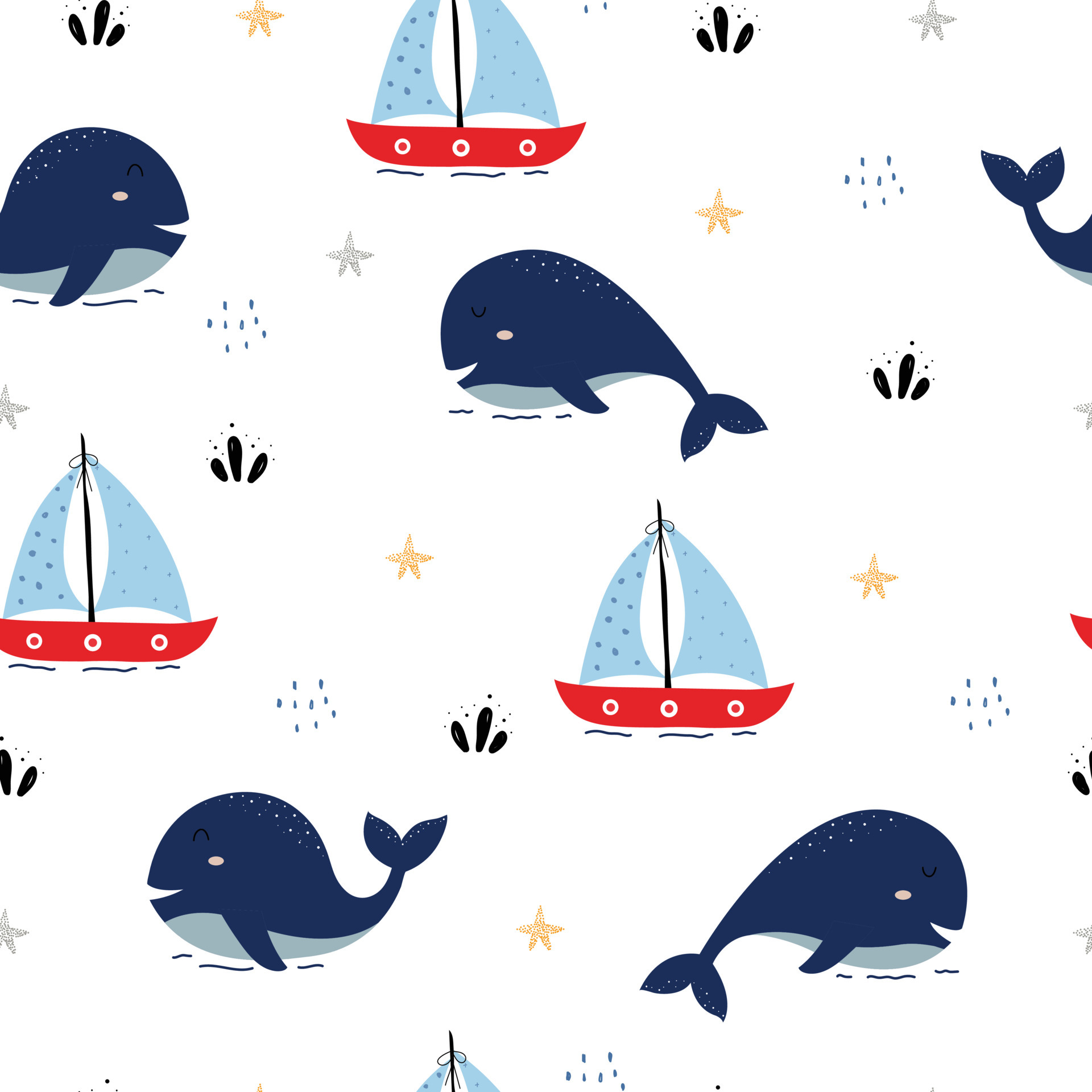 Seamless pattern The sea background with whale and boats Cute design, hand drawn in cartoon style. Used for publication, wallpaper, textiles, vector illustration
