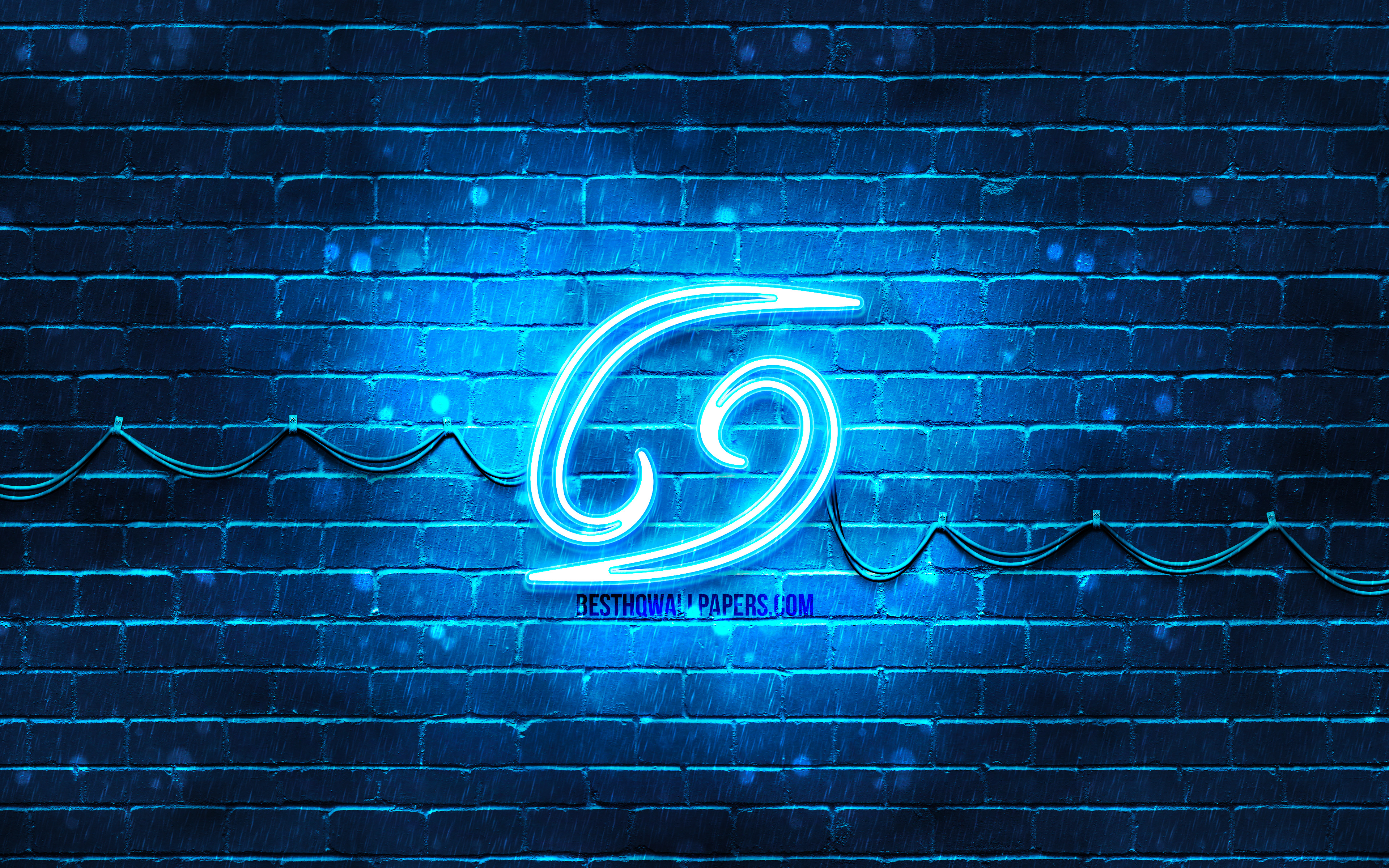 Download wallpaper Cancer neon sign, 4k, blue brickwall, creative art, zodiac signs, Cancer zodiac symbol, Cancer zodiac sign, astrology, Cancer Horoscope sign, astrological sign, zodiac neon signs, Cancer for desktop with resolution