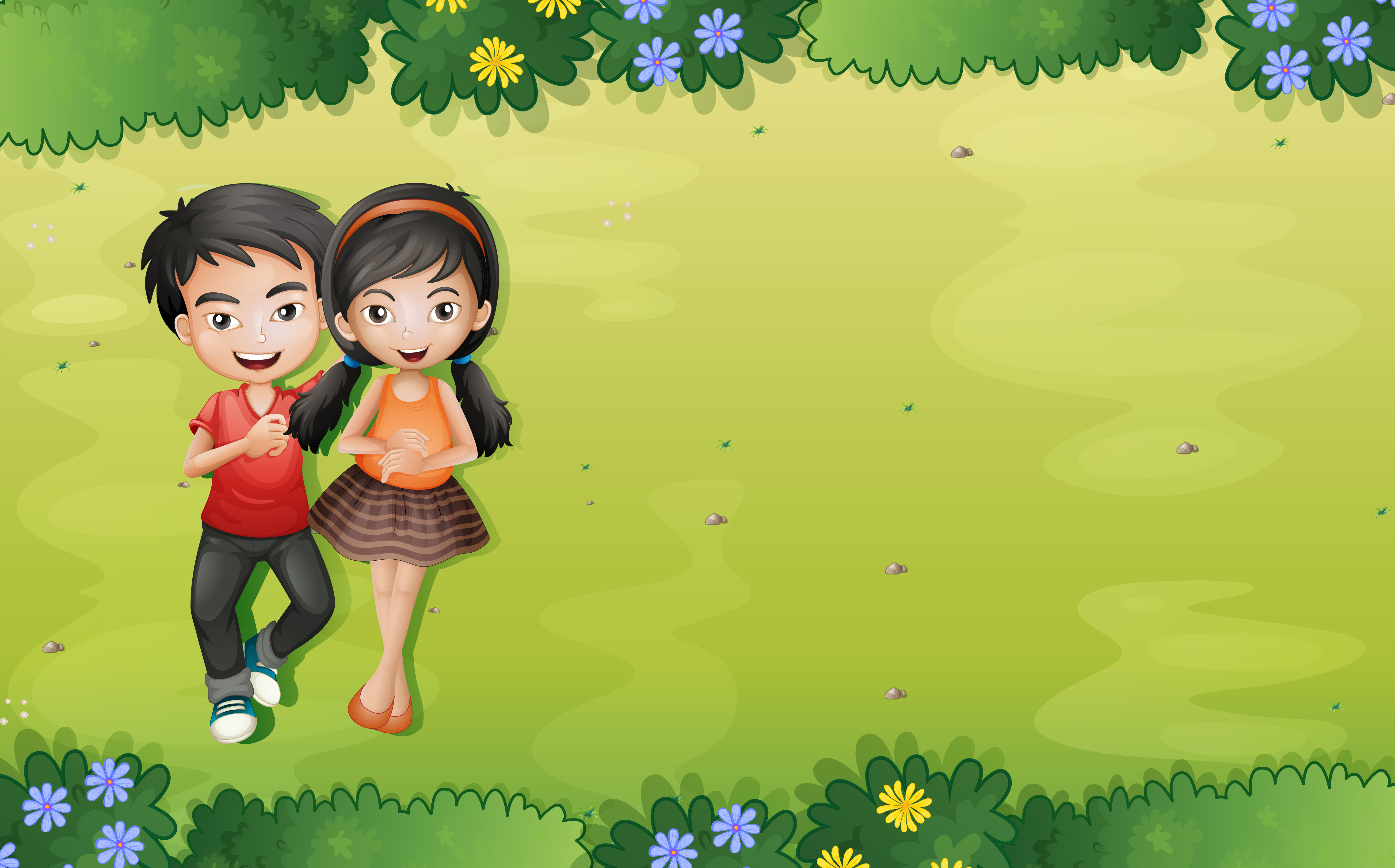 A young couple at the garden aerial view