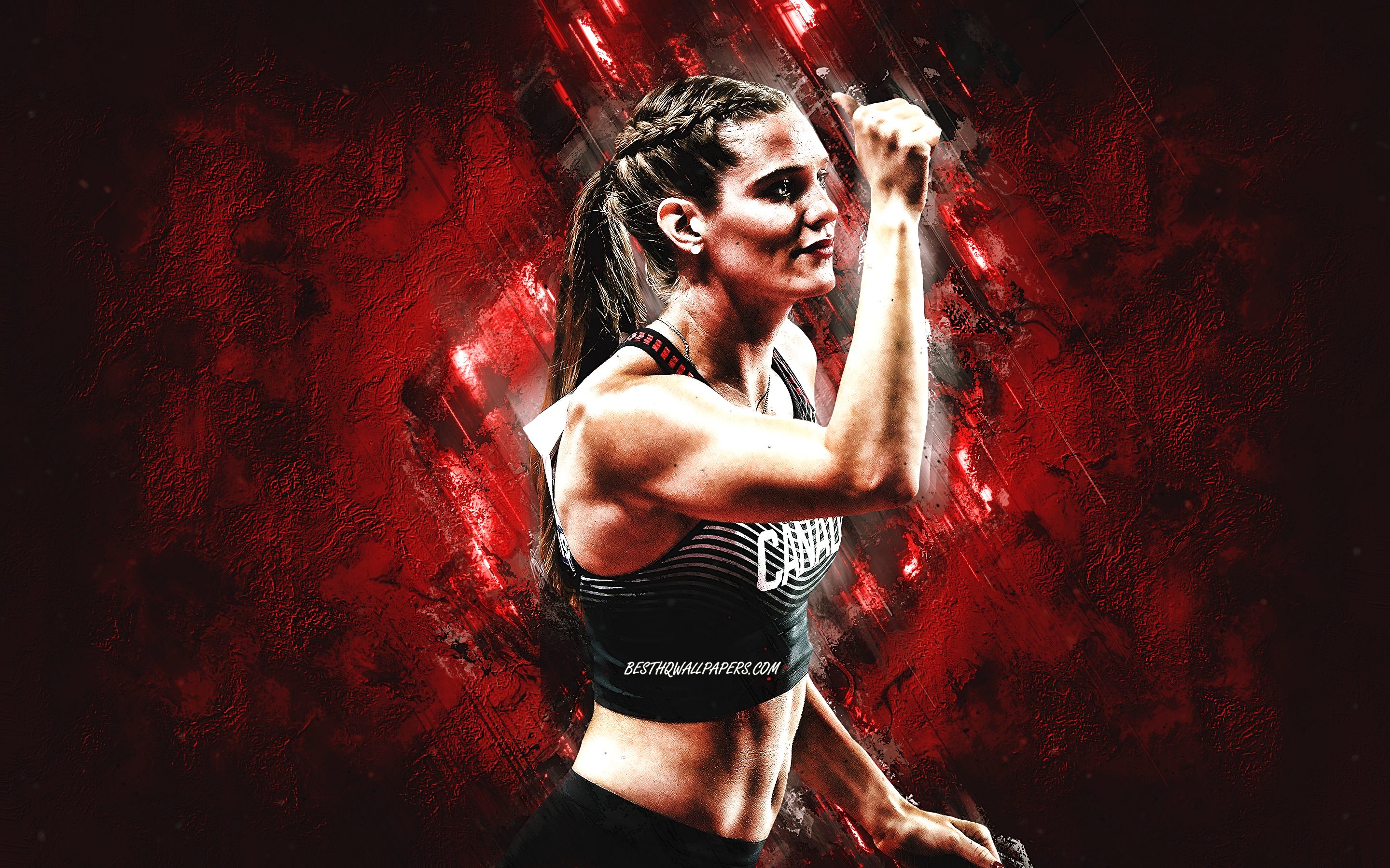 Download wallpaper Alysha Newman, canadian athlete, portrait, Pole vault, red stone background, grunge art, Pole vaulting for desktop with resolution 2880x1800. High Quality HD picture wallpaper