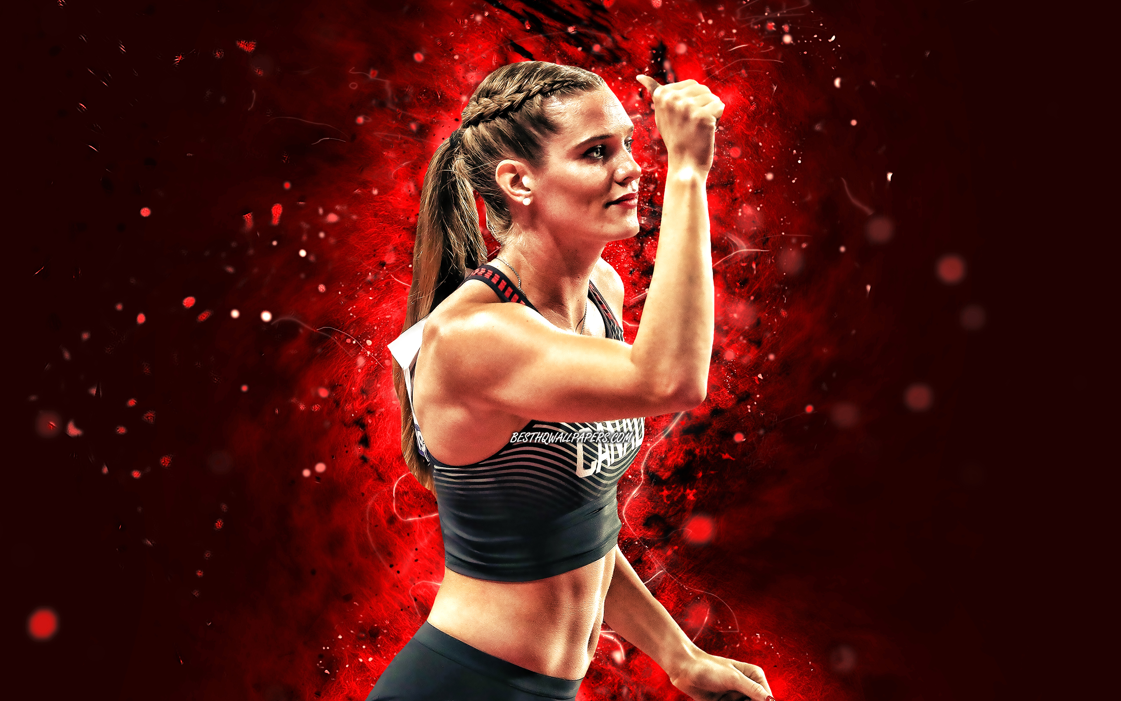 Download wallpaper Alysha Newman, 4k, red neon lights, canadian sprinter, athlete, Canada National Team, creative, athletics, Alysha Newman 4K for desktop with resolution 3840x2400. High Quality HD picture wallpaper