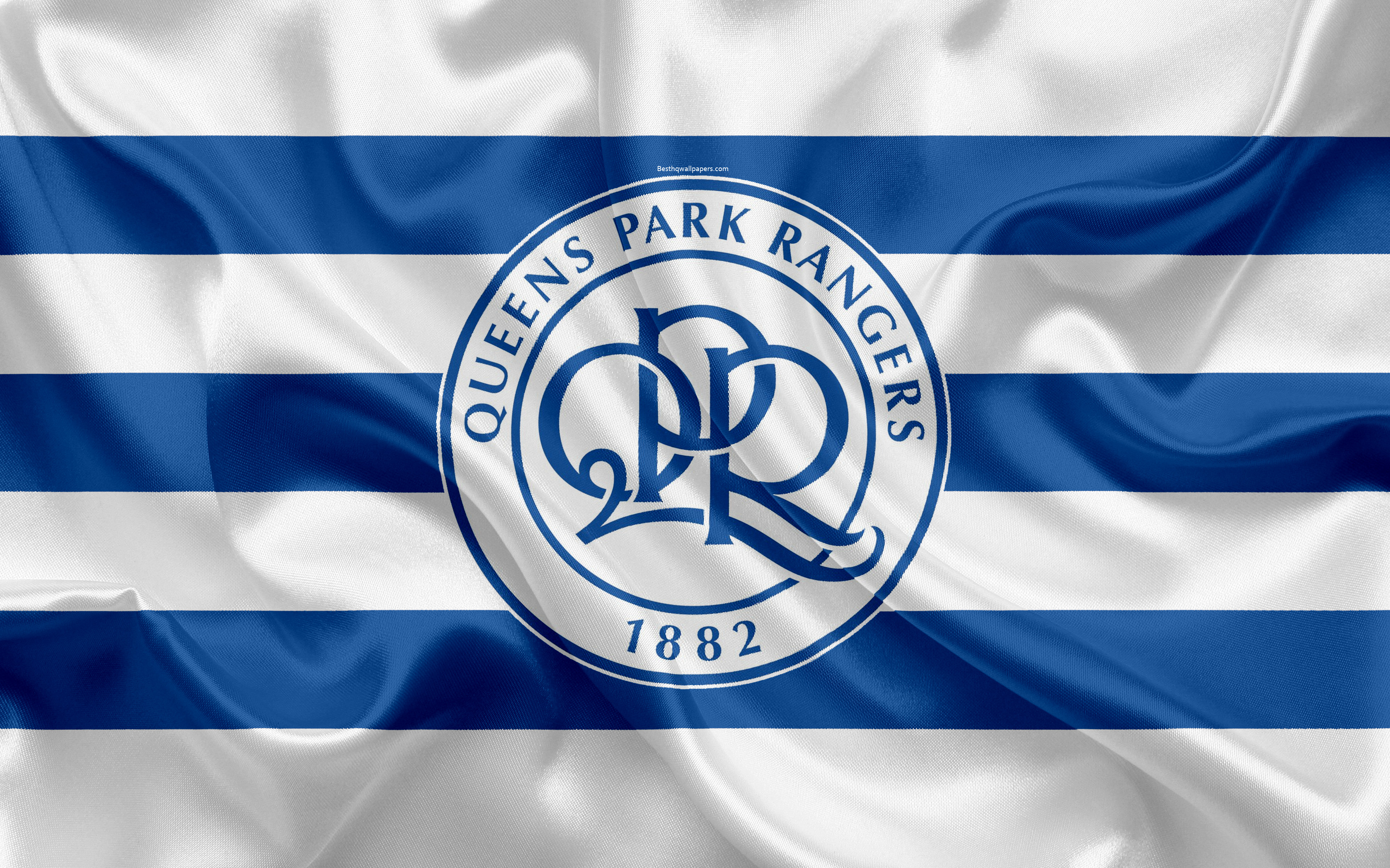 Download wallpaper Queens Park Rangers FC, QPR, silk flag, emblem, logo, 4k, Fulham, London, UK, English football club, Football League Championship, Second League, football for desktop with resolution 3840x2400. High Quality HD