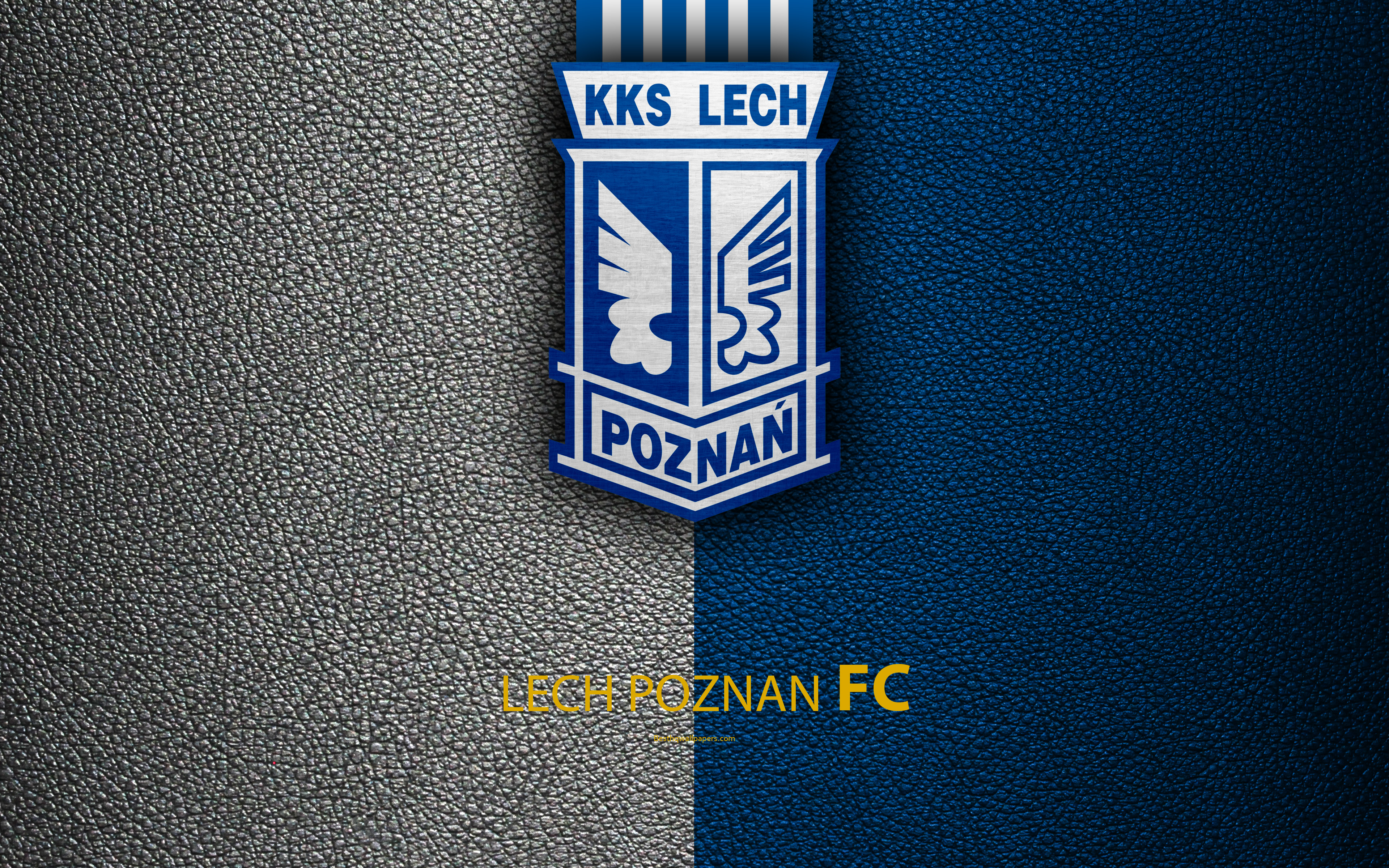 Download wallpaper Lech Poznan FC, 4k, football, emblem, logo, Polish football club, leather texture, Ekstraklasa, Poznan, Poland, Polish Football Championships for desktop with resolution 3840x2400. High Quality HD picture wallpaper