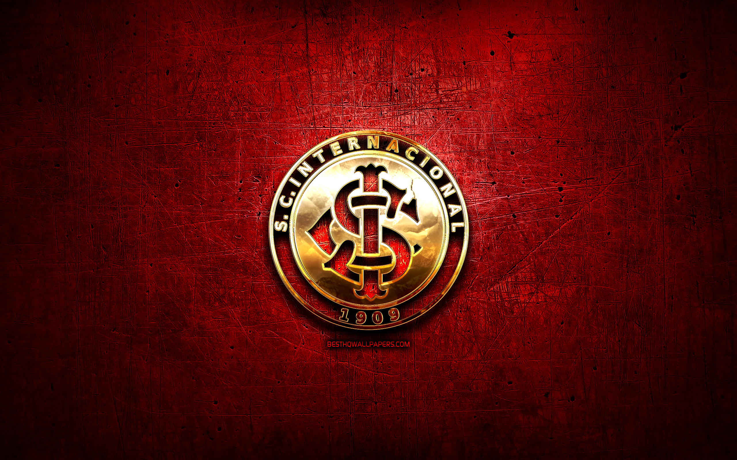 Download wallpaper Internacional FC, golden logo, Brazilian Seria A, red metal background, soccer, brazilian football club, Internacional logo, football, SC Internacional, Brazil for desktop with resolution 2560x1600. High Quality HD picture wallpaper