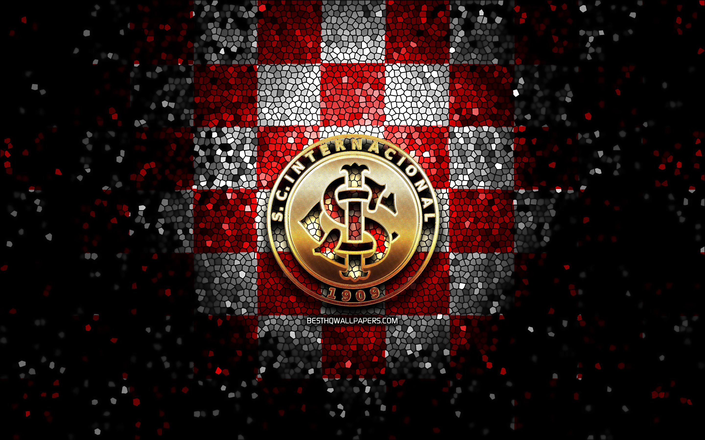Download wallpaper SC Internacional, glitter logo, Serie A, red white checkered background, soccer, Internacional FC, brazilian football club, Internacional logo, mosaic art, football, Brazil for desktop with resolution 2880x1800. High Quality HD
