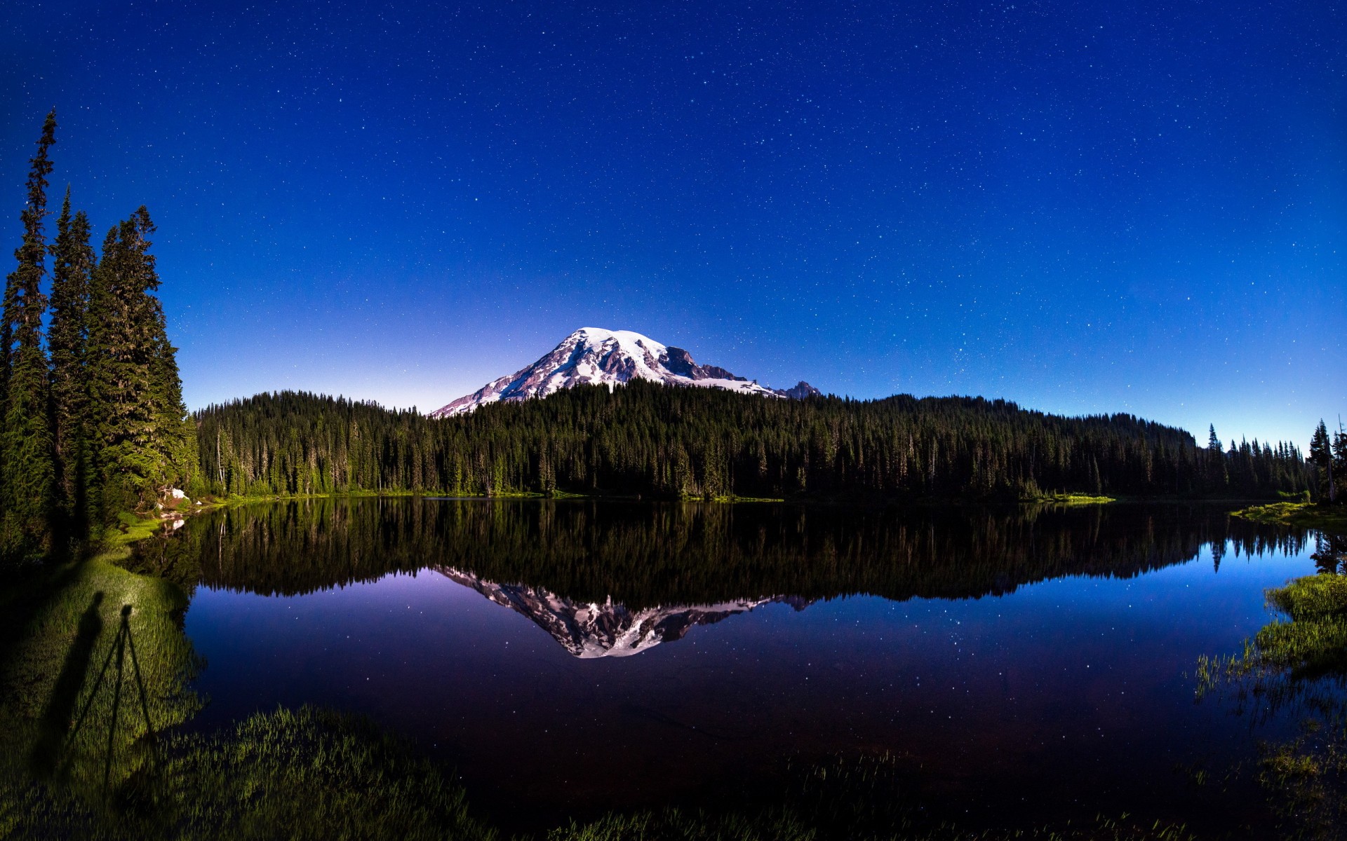 lake, Mountain, Summer, Nature, Landscape, Reflection, Trees, Forest, Stars, Sky, Night, Shore, Snow Wallpaper HD / Desktop and Mobile Background