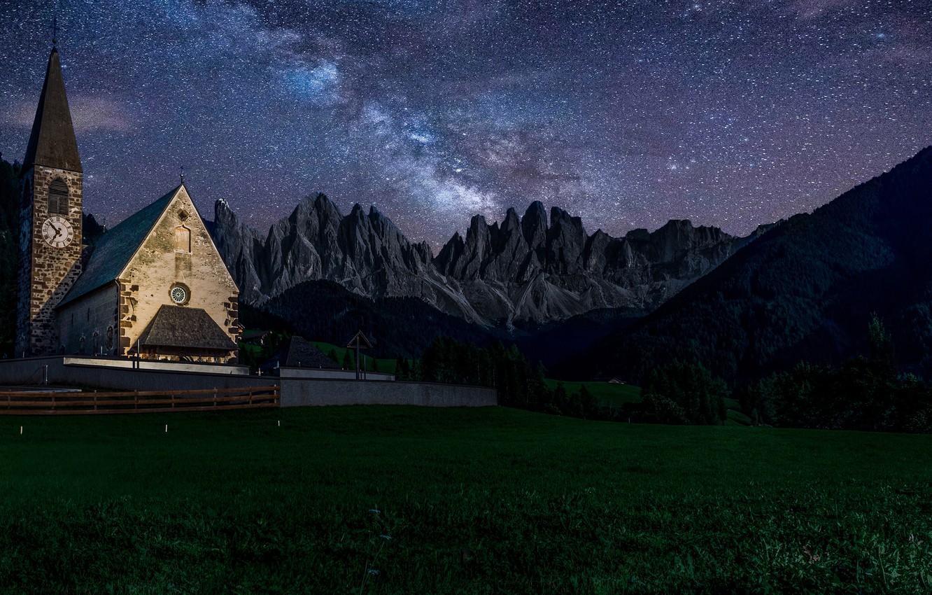 Wallpaper summer, grass, mountains, night, darkness, hills, the slopes, tops, watch, tower, Alps, meadow, The milky way, chapel, starry sky, The Dolomites image for desktop, section пейзажи