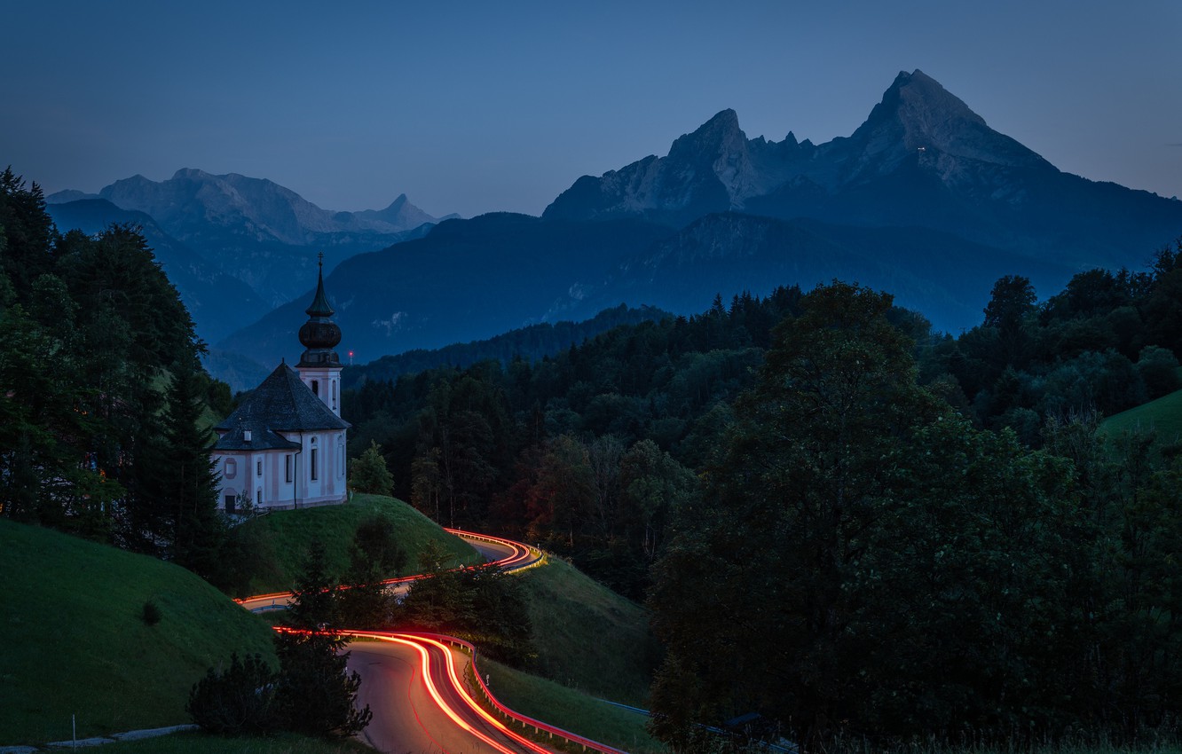 Wallpaper road, greens, forest, summer, trees, landscape, mountains, night, lights, hills, Germany, Bayern, lighting, highway, Church, architecture image for desktop, section пейзажи