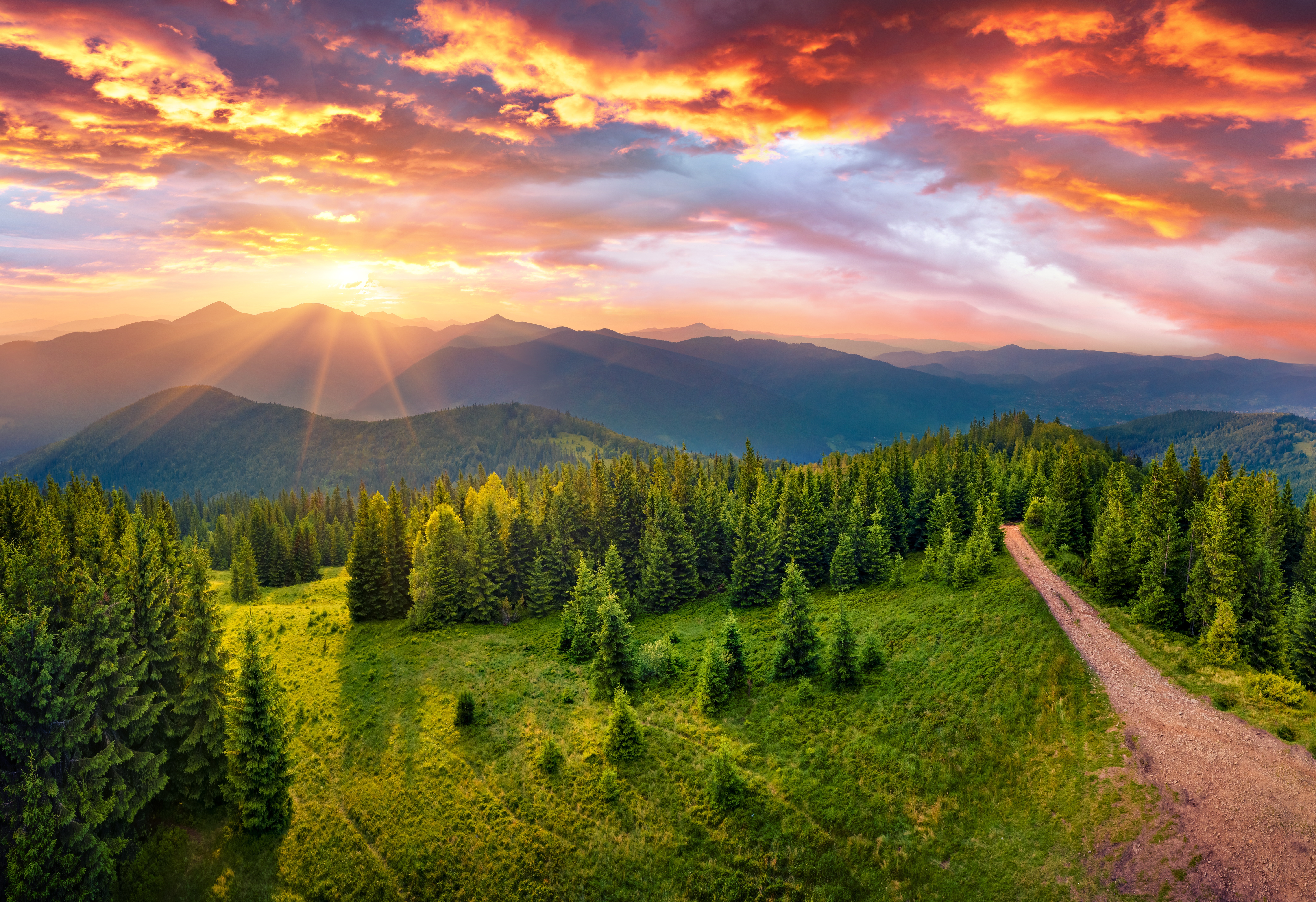 Landscape Mountains Nature Summer Sun Sunset Valley Trees Road Forest Clouds Hills Sky Green Wallpaper:8500x5823