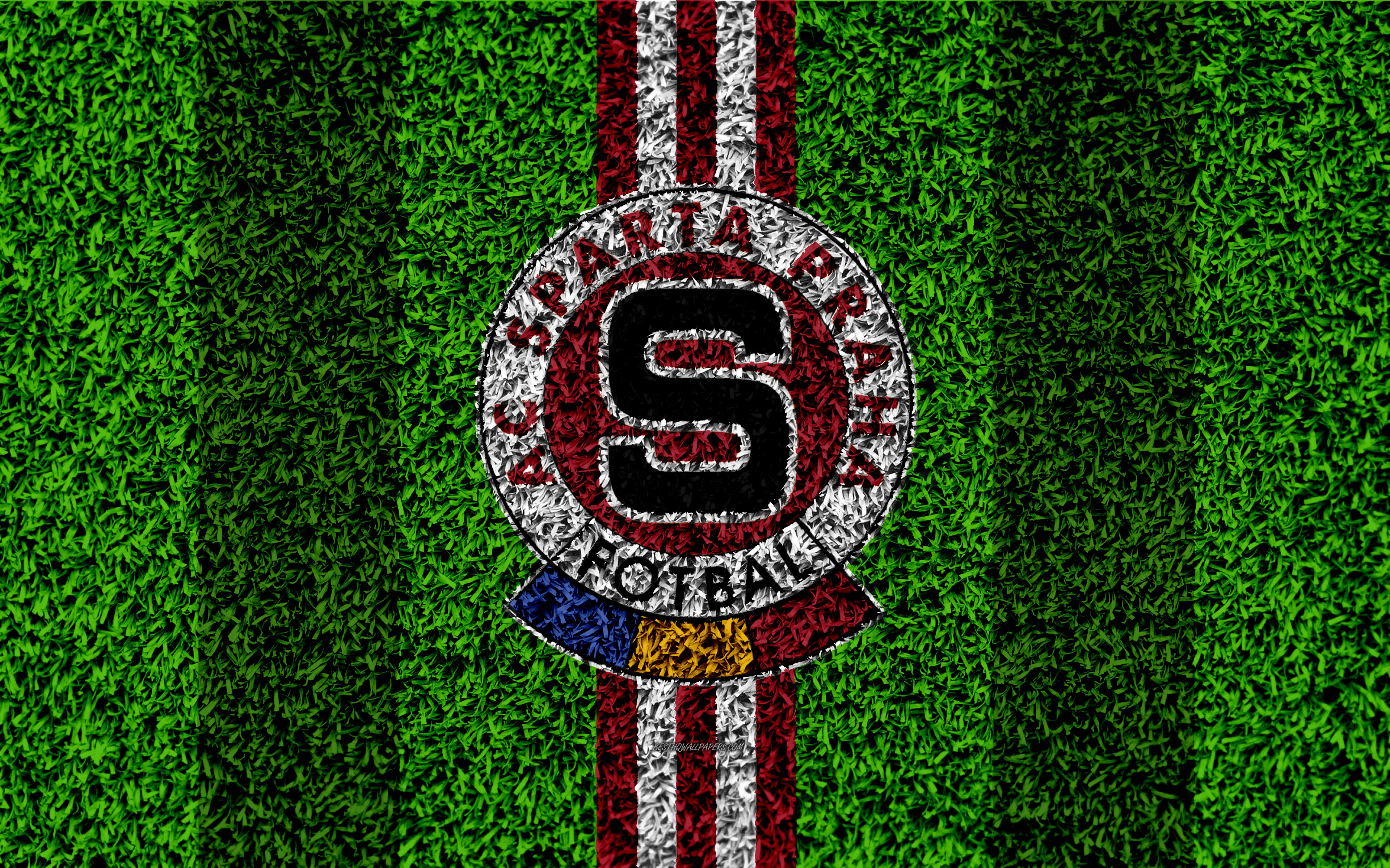 Download wallpaper AC Sparta Prague, 4k, logo, football lawn, burgundy white lines, Czech football club, grass texture, 1 Liga, Prague, Czech Republic, Czech First League, football, Sparta FC for desktop with resolution