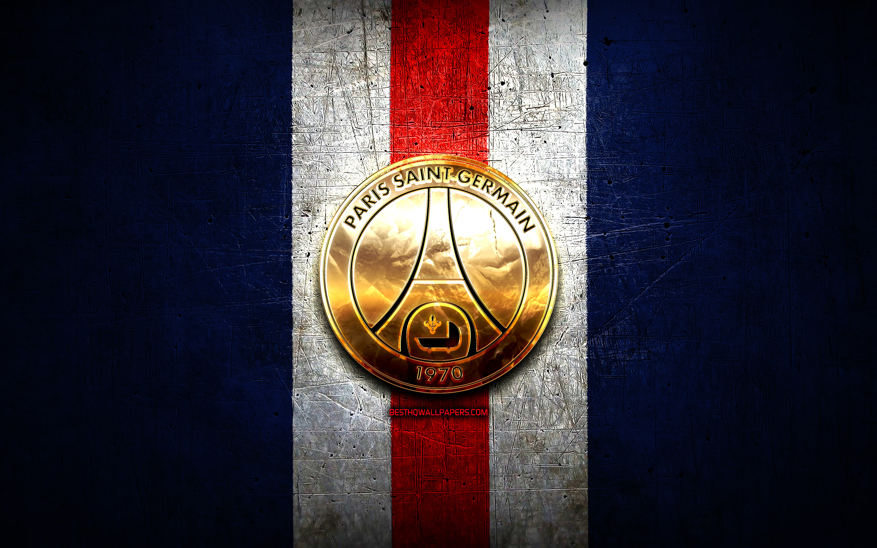 Download Wallpaper Paris Saint Germain FC, Golden Logo, Ligue 1, Blue Metal Background, Football, Paris Saint Germain, French Football Club, PSG Logo, Soccer, France, PSG FC For Desktop With Resolution 2880x1800. High Quality HD