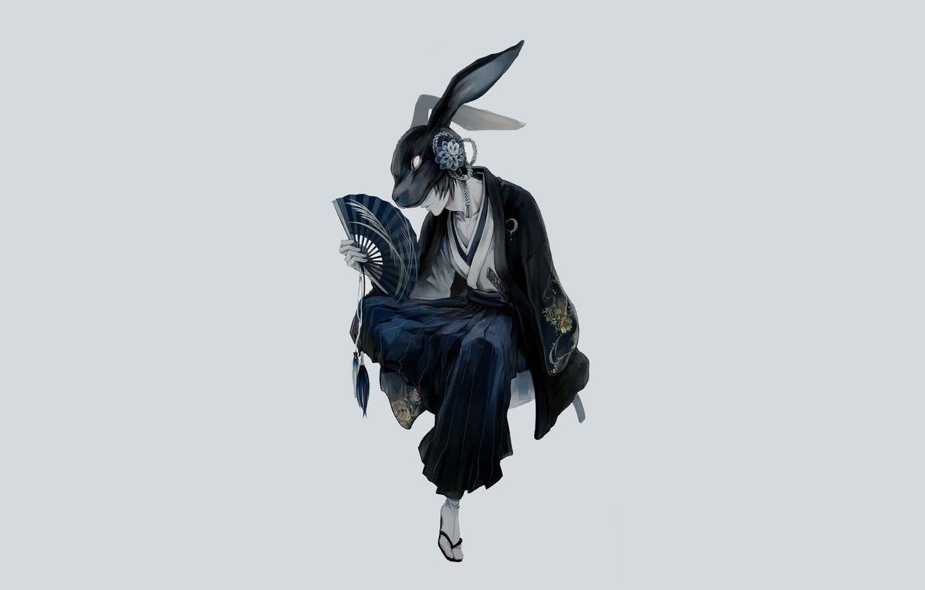 Wallpaper minimalism, rabbit, mask, fan, guy, ears image for desktop, section арт