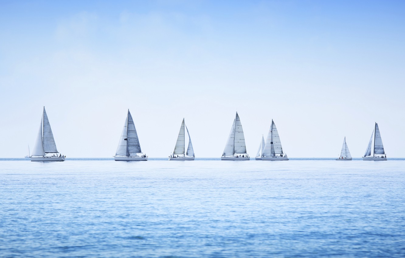 Wallpaper water, yacht, sailing, sailboat, group regatta, race on sea, panoramic view image for desktop, section спорт