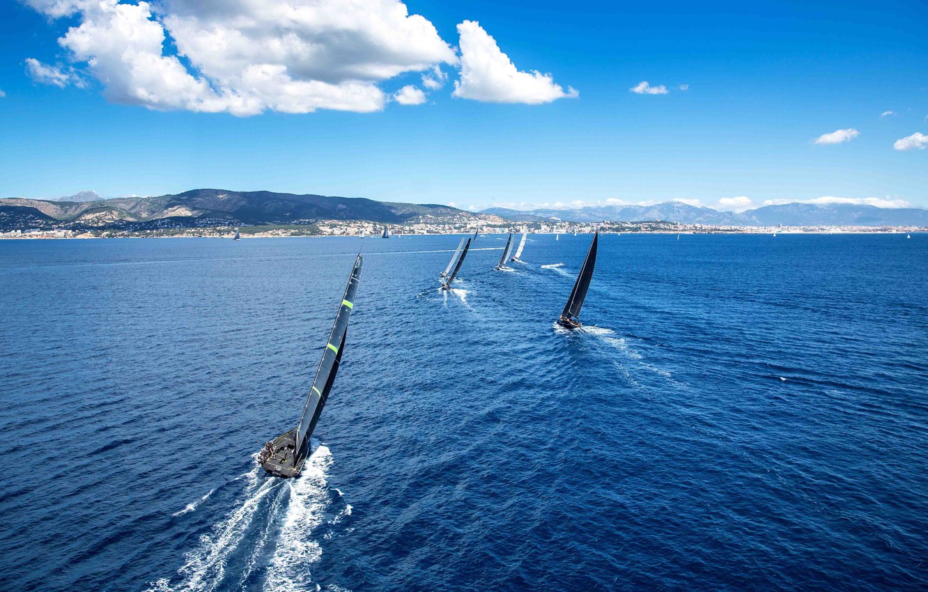 Wallpaper water, yachts, sailing, sailboat, group regatta, race on sea, panoramic view image for desktop, section спорт