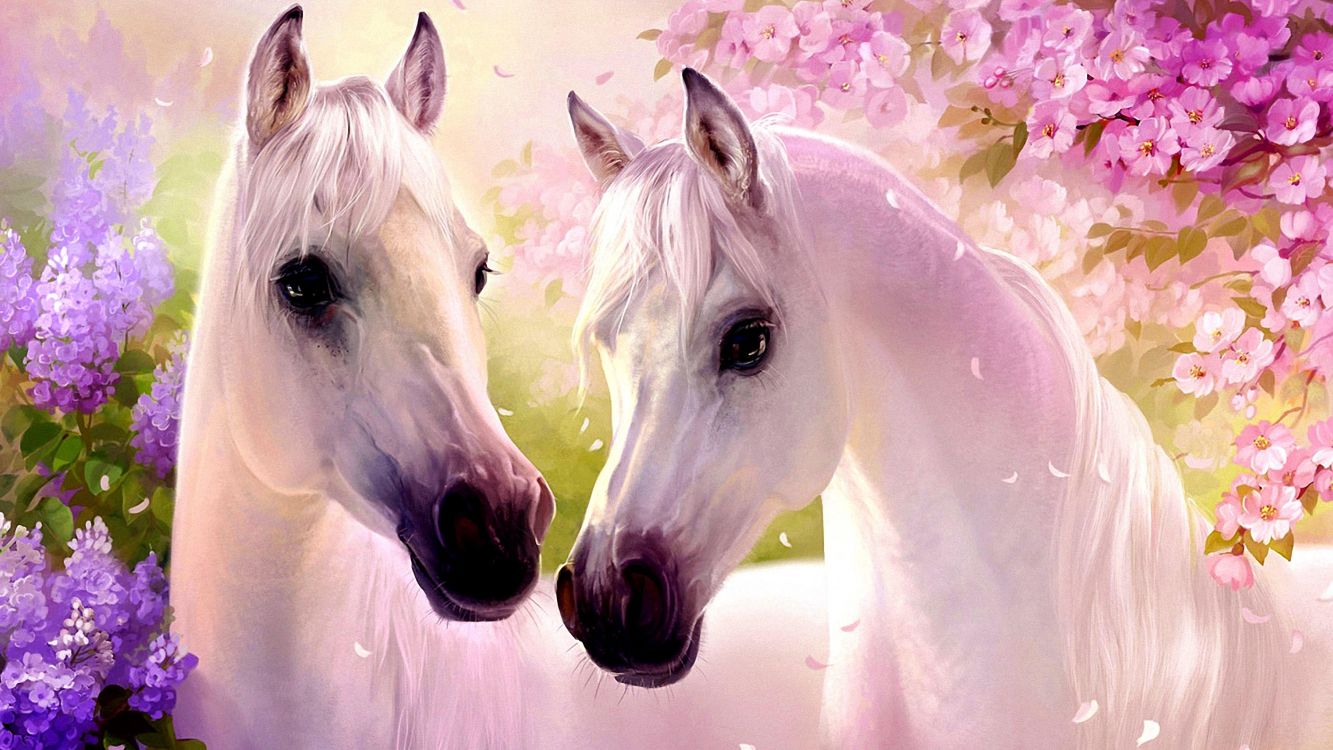 Wallpaper White Horse With Purple Flowers, Background Free Image