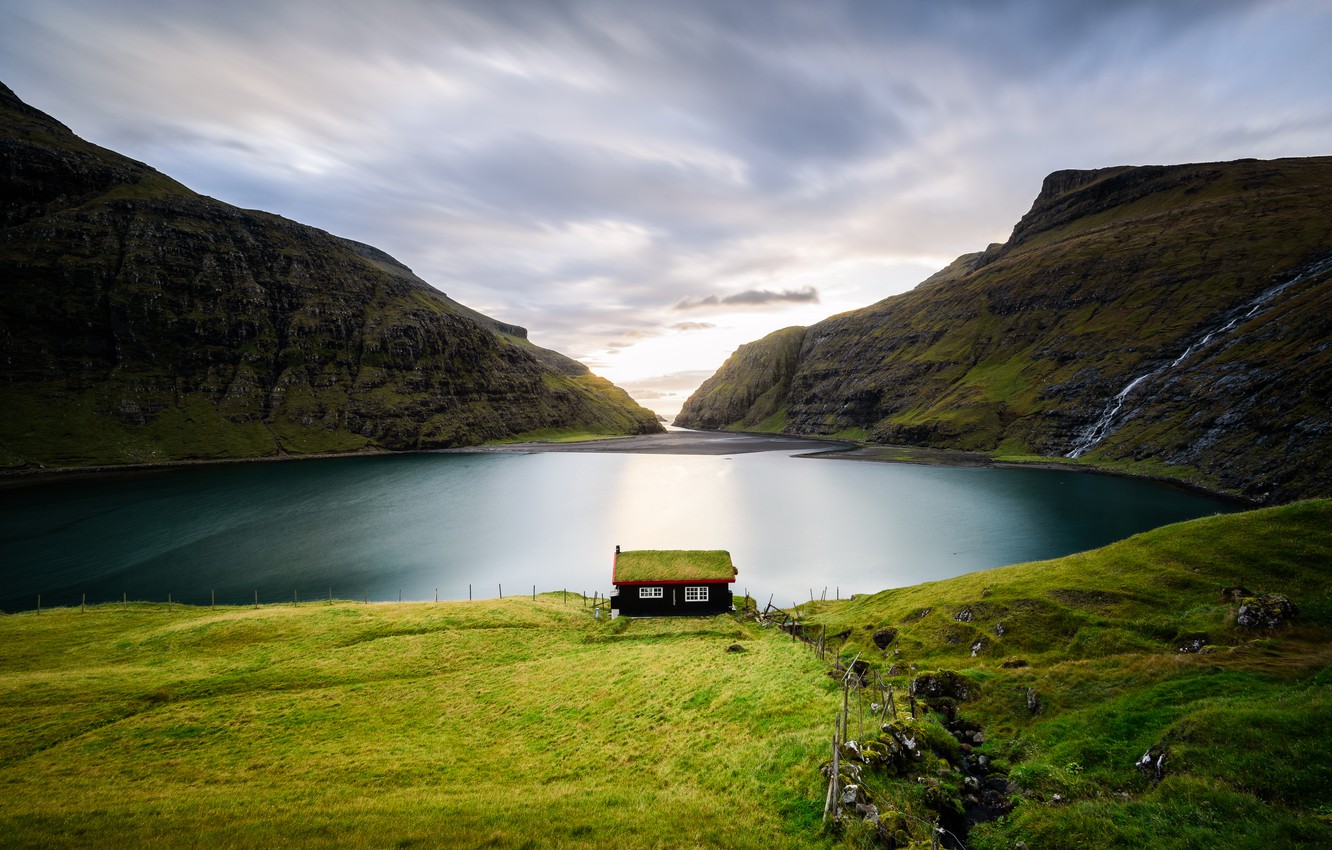 Wallpaper mountains, lake, rocks, house, Iceland, the fjord, Faroe Islands, The Faroe Islands image for desktop, section пейзажи