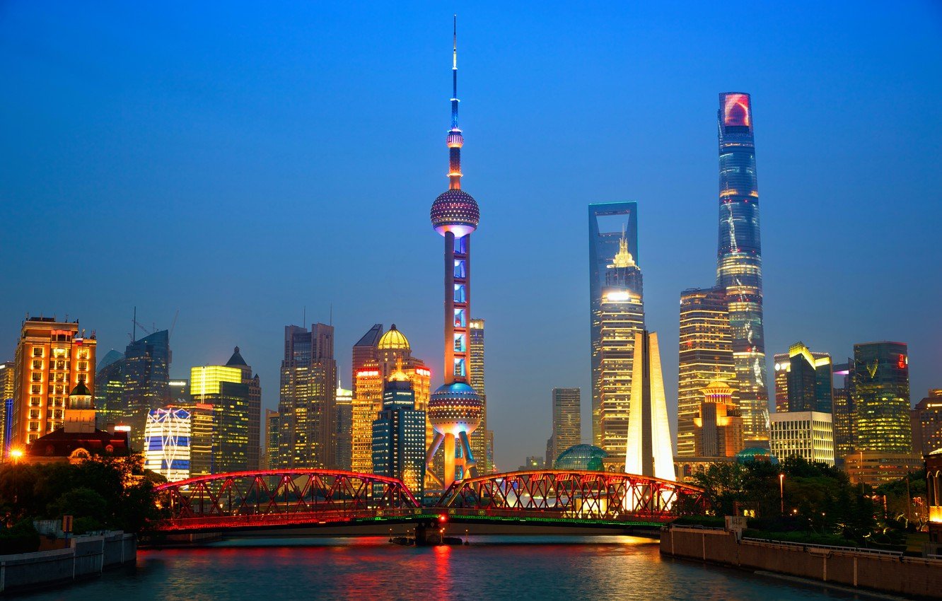 Wallpaper night, bridge, lights, river, home, skyscrapers, China, tower, Shanghai image for desktop, section город