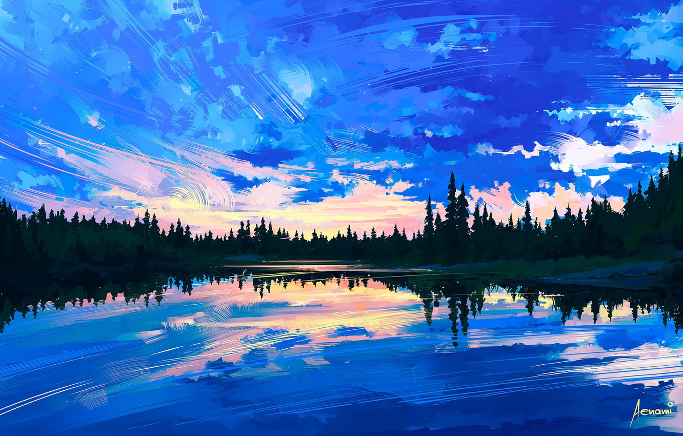 Wallpaper the sky, water, clouds, trees, reflection, art, painting, nature. landscape image for desktop, section живопись