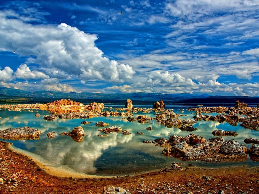 Beautiful Desktop Wallpaper HD Lake Rock And White Clouds, Blue Sky, Reflection In The Water, Wallpaper13.com