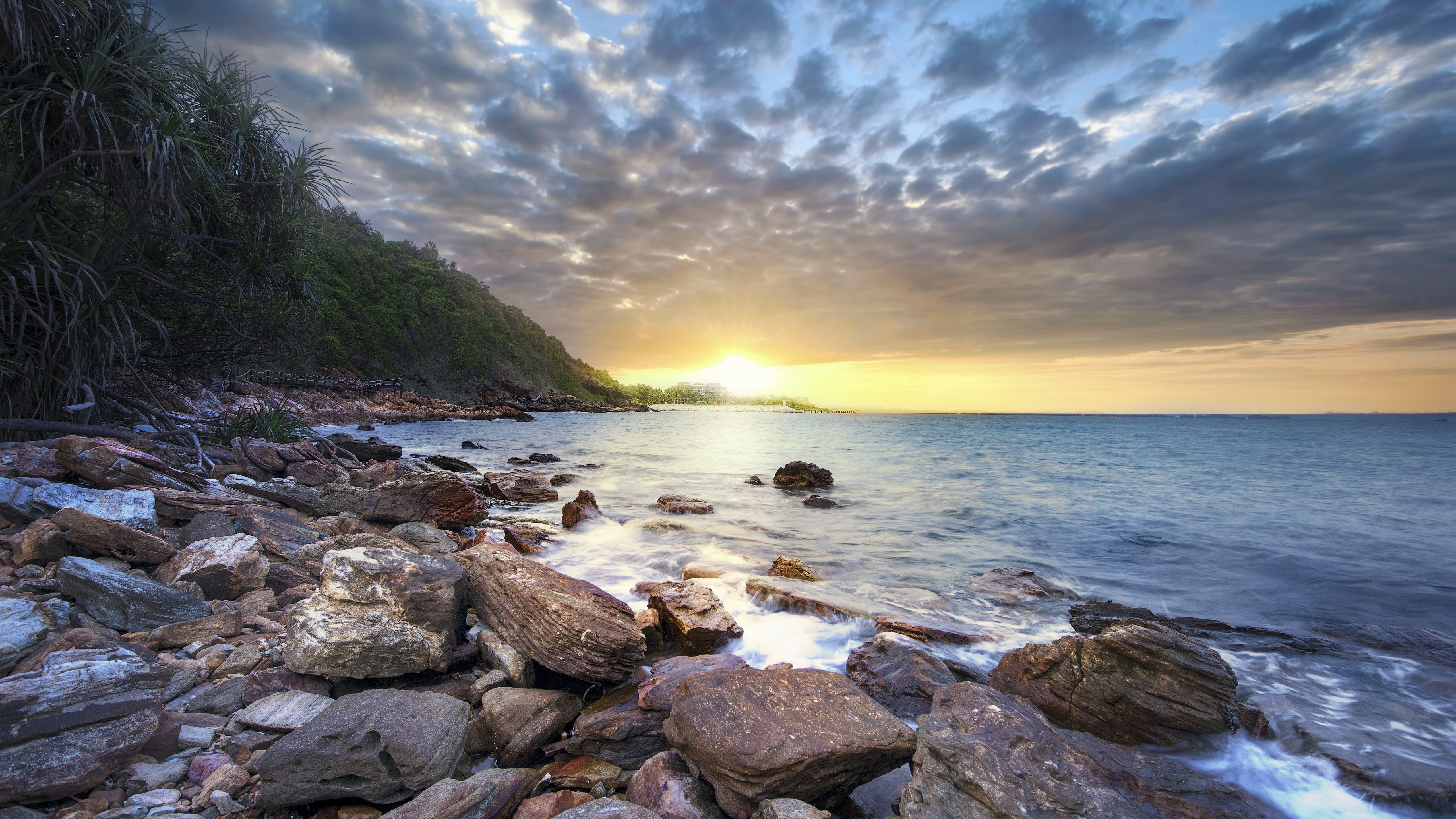 Wallpaper Tropical, stones, sea, clouds, sun rays, summer 5120x2880 UHD 5K Picture, Image