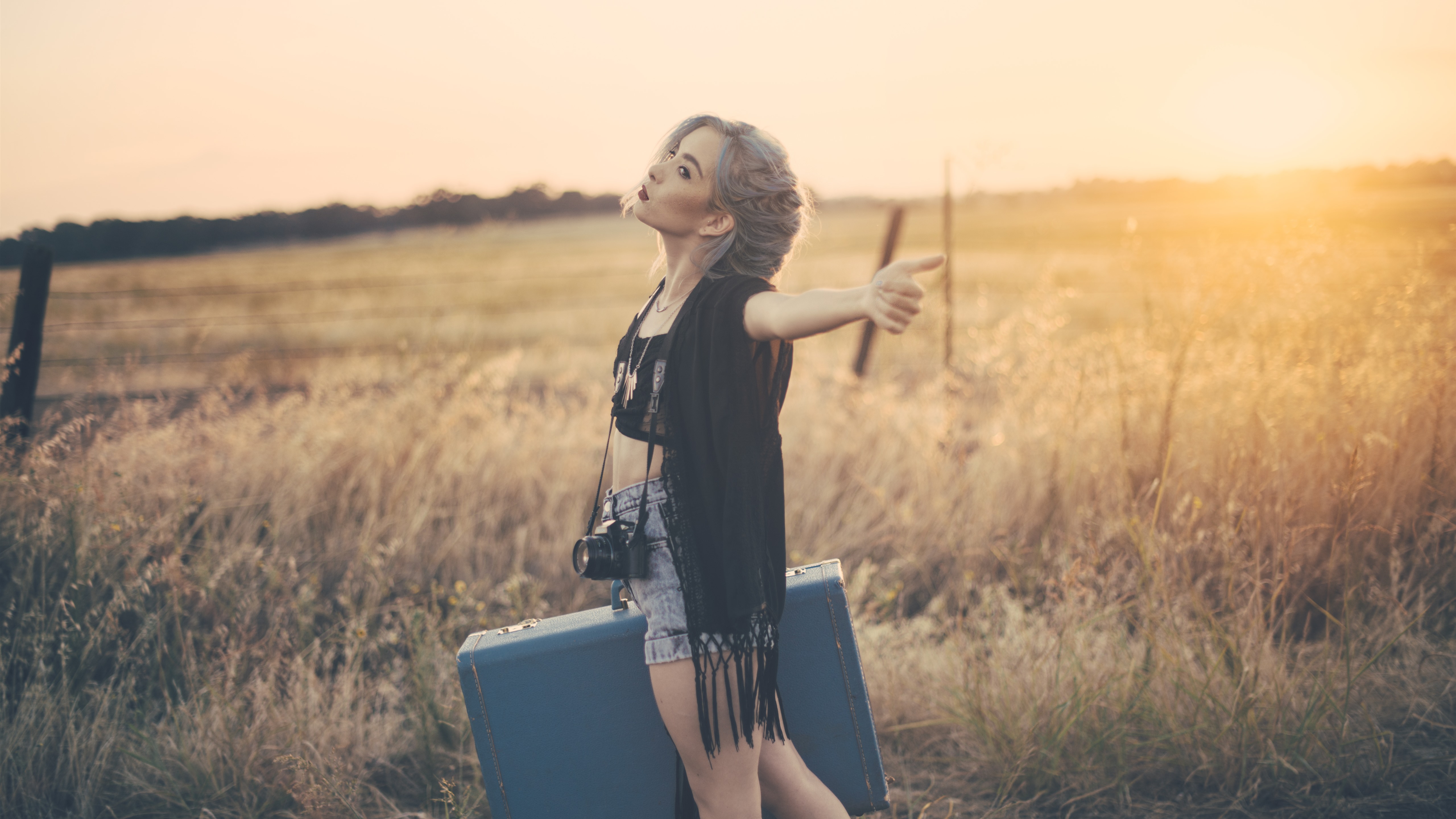 Wallpaper Blonde girl, suitcase, camera, grass, summer 5120x2880 UHD 5K Picture, Image