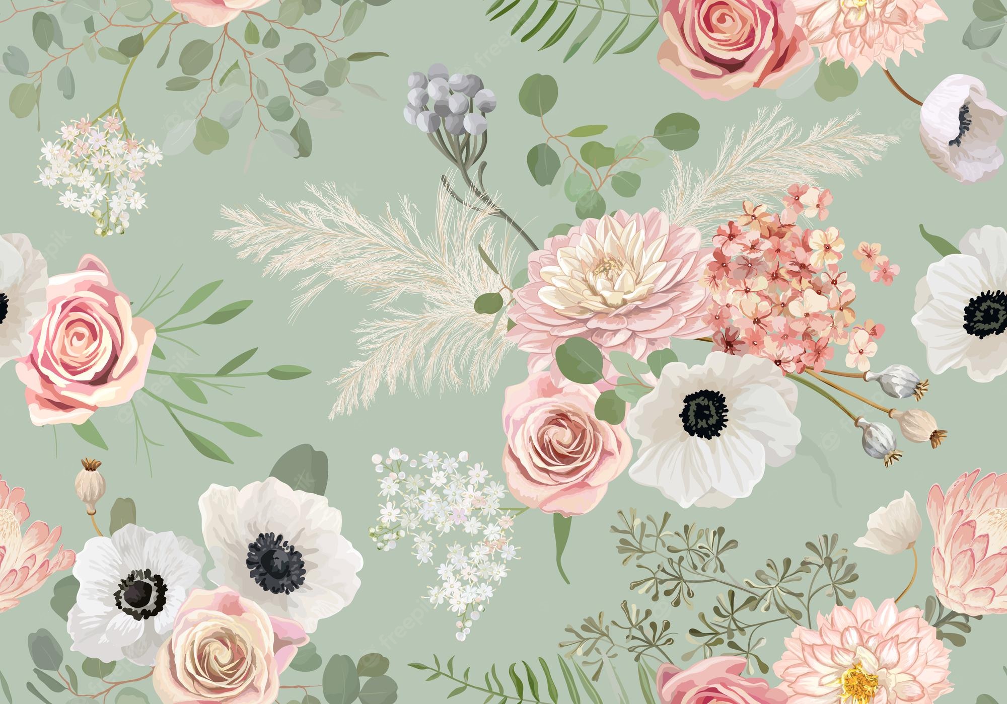Premium Vector. Watercolor seamless anemone, rose flower, eucalyptus leaves, pampas grass vector background. spring dried flowers pattern. summer boho design for wedding, textile print, wallpaper texture, backdrop