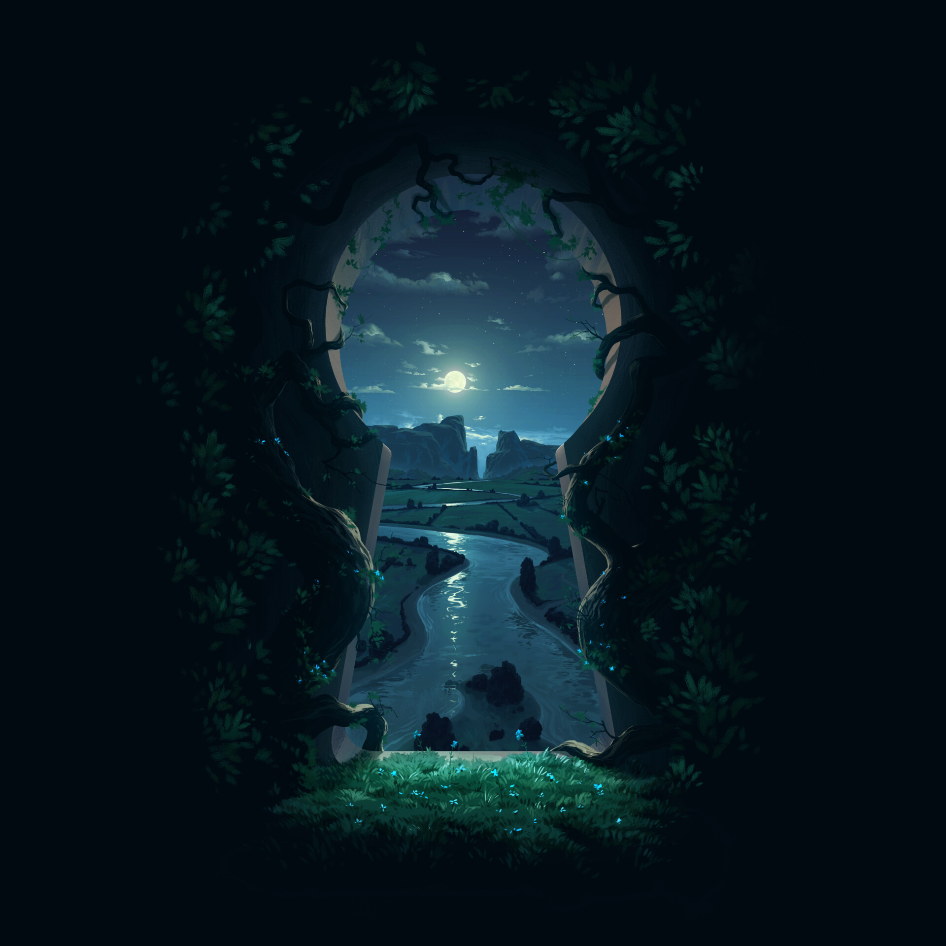 Artwork Nature Night River Keyhole Wallpaper:1920x1920