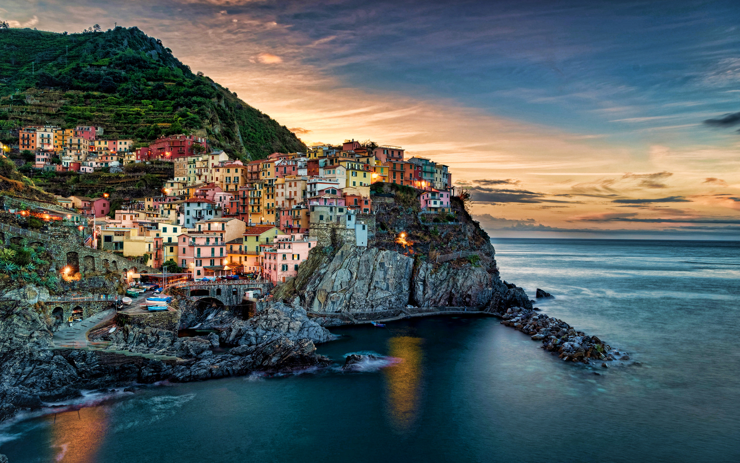 Download wallpaper Manarola, twilight, summer, italian cities, harbor, Cinque Terre, Italy, Europe, Manarola at evening for desktop with resolution 2880x1800. High Quality HD picture wallpaper