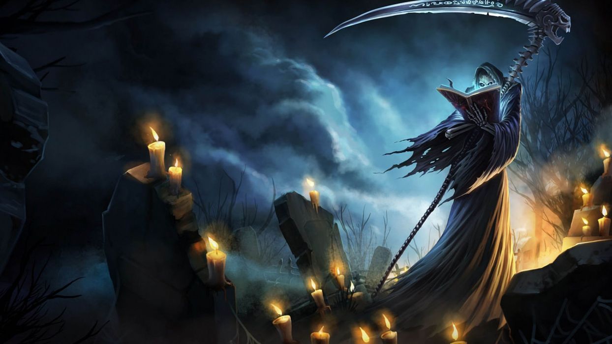 Death scythe League of Legends Karthus graves nighttime cemetery candles fantasy wallpaperx1080