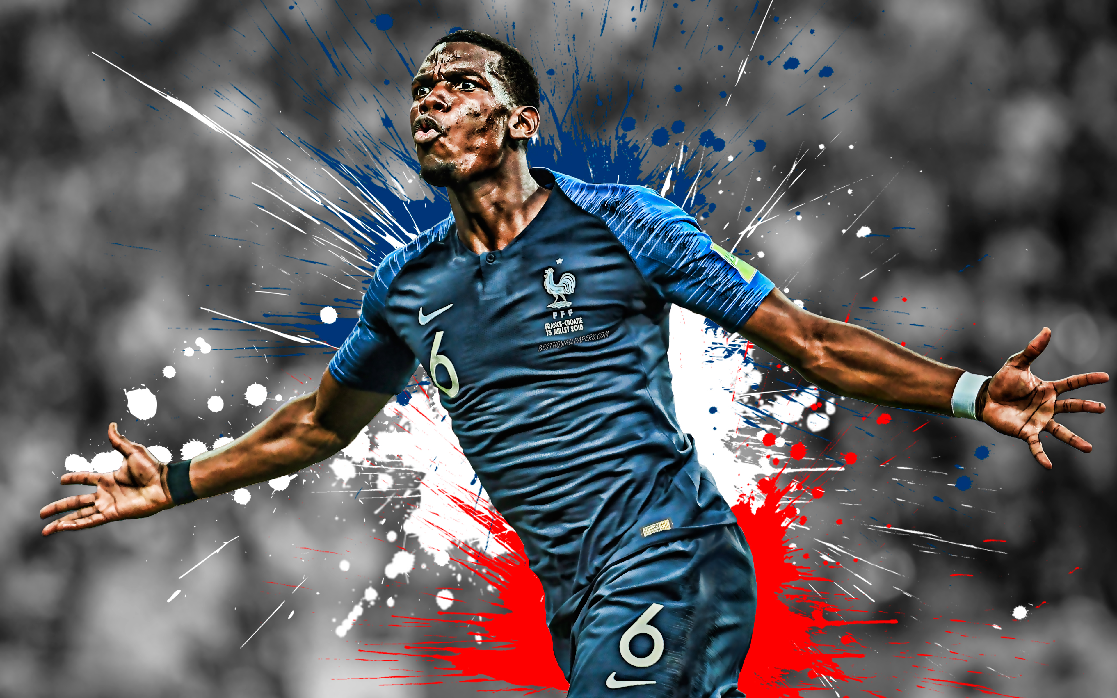 Download wallpaper Paul Pogba, France national football team, goal, joy, French football player, portrait, France, famous football players, Pogba, French flag for desktop with resolution 3840x2400. High Quality HD picture wallpaper