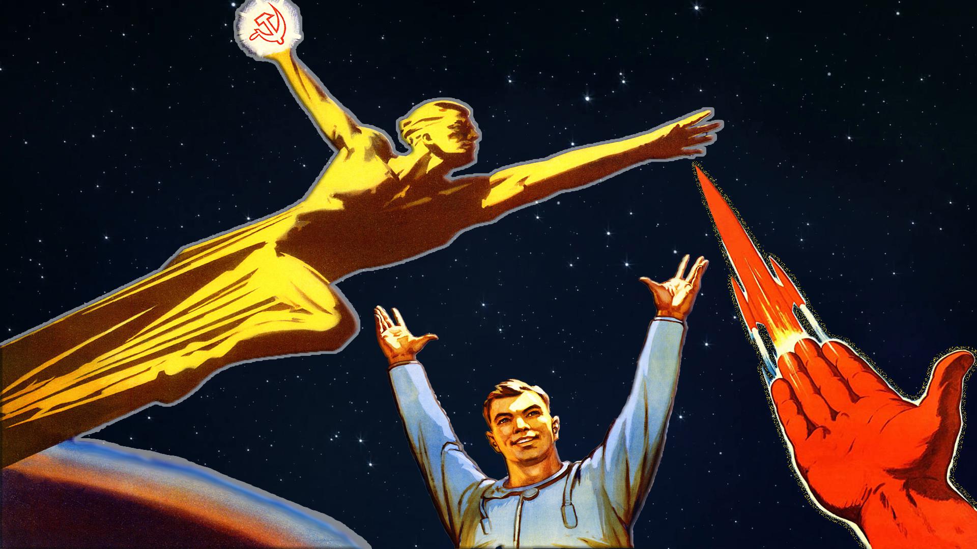 I made a desktop wallpaper using soviet era space race propaganda posters (1920x1080)