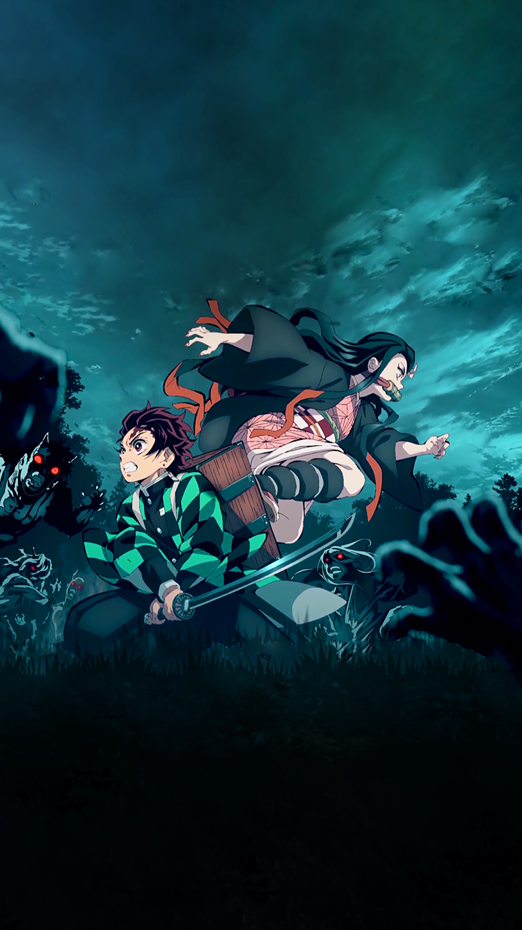 Still of Tanjiro and Nezuko I edited to work as a phone background