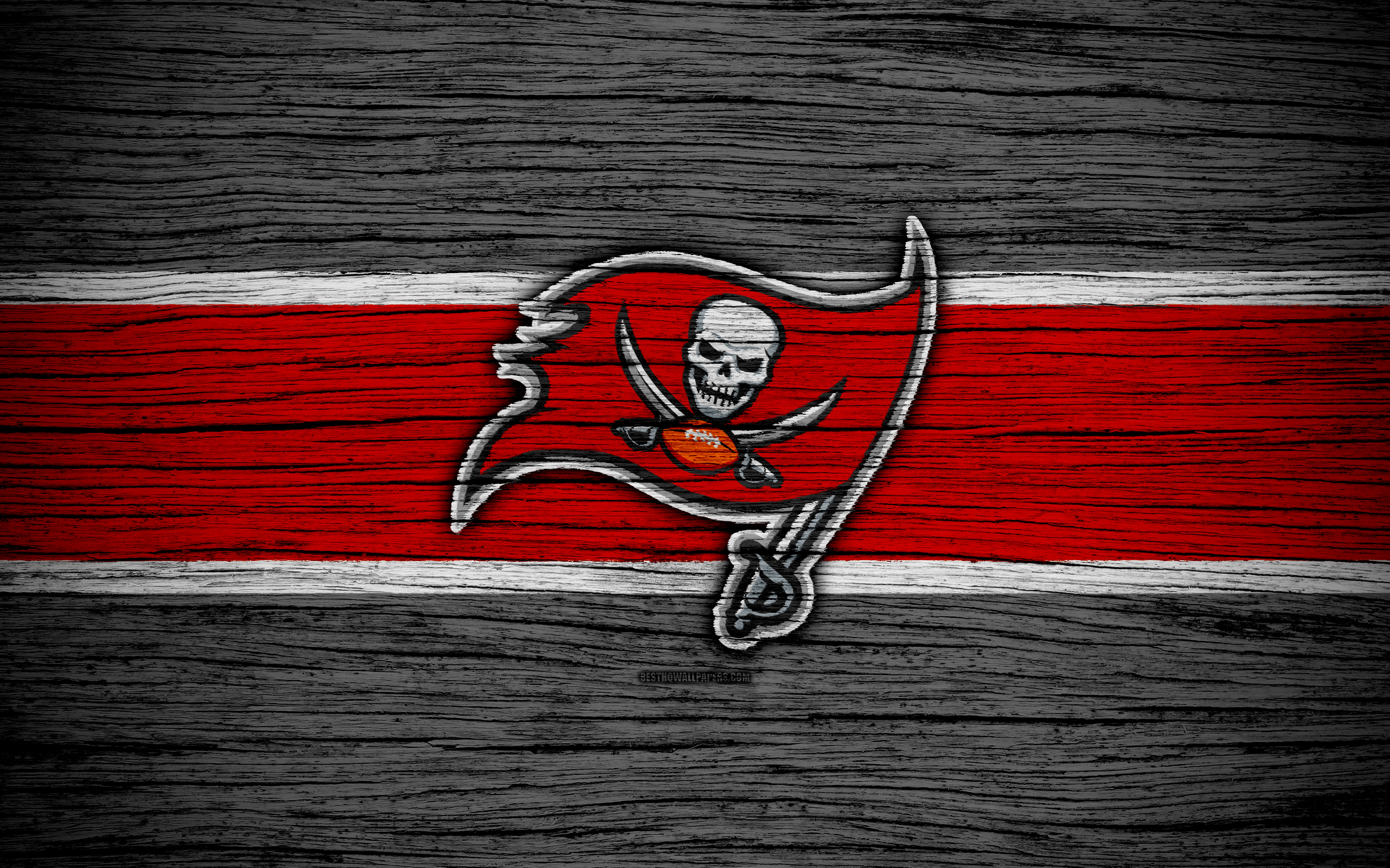 Download wallpaper Tampa Bay Buccaneers, 4k, wooden texture, NFL, american football, NFC, USA, art, logo, South Division for desktop with resolution 3840x2400. High Quality HD picture wallpaper