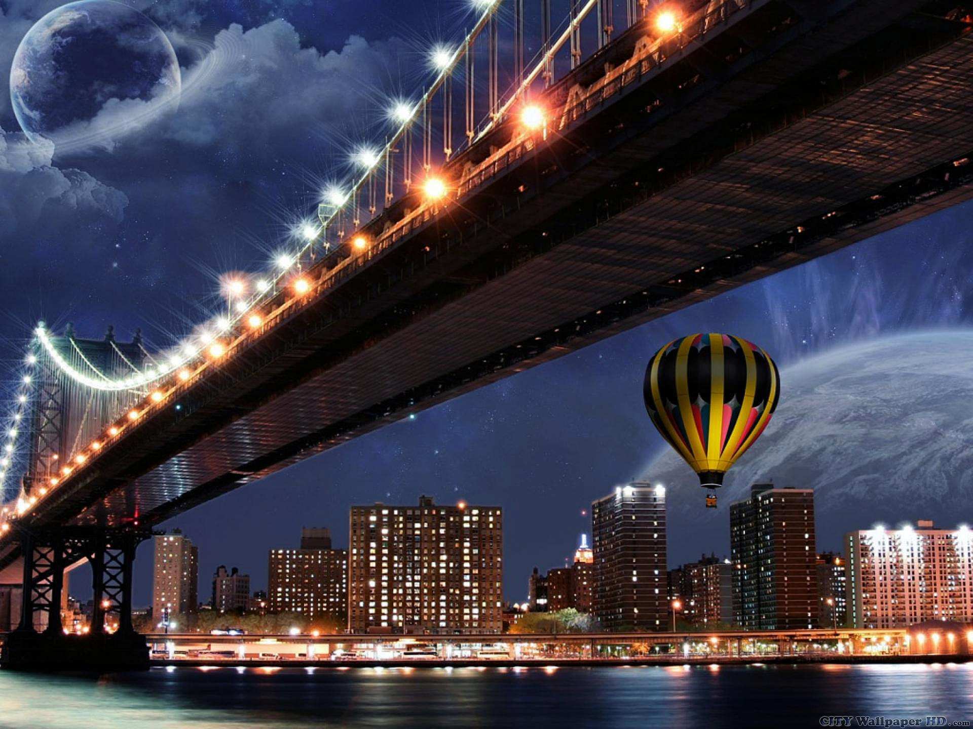 Night city wallpaper. Extensive photographs of cities and countries for the desktop. Bridge building