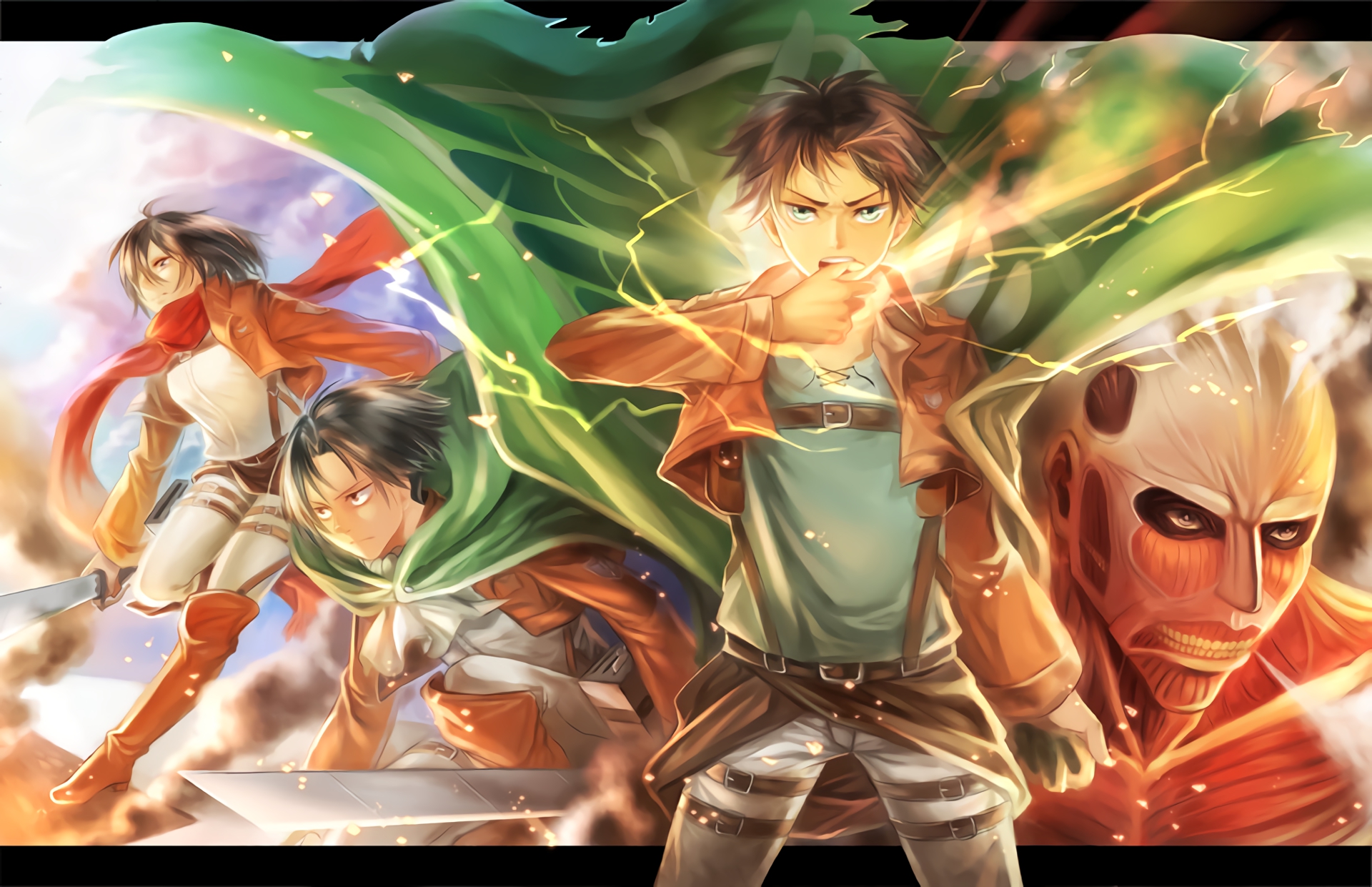 Download wallpaper from anime Attack On Titan with tags: Windows Vista, Eren Yeager, Mikasa Ackerman, Levi Ackerman, Shingeki No Kyojin