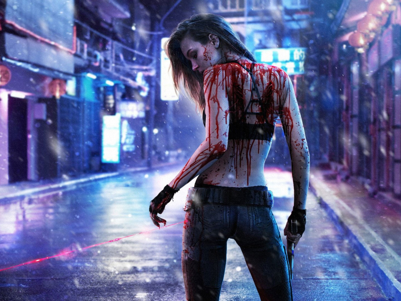 Cyberpunk 2077 Wallpaper, Video Game, Blood, Girl, Gun, Laser, Rain • Wallpaper For You