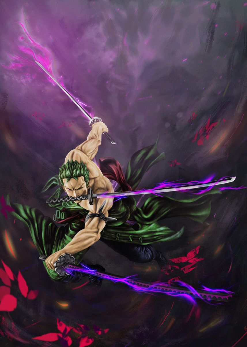Zoro three swords' Poster by Trần Văn Dũng. Displate. One piece wallpaper iphone, One piece comic, One piece drawing