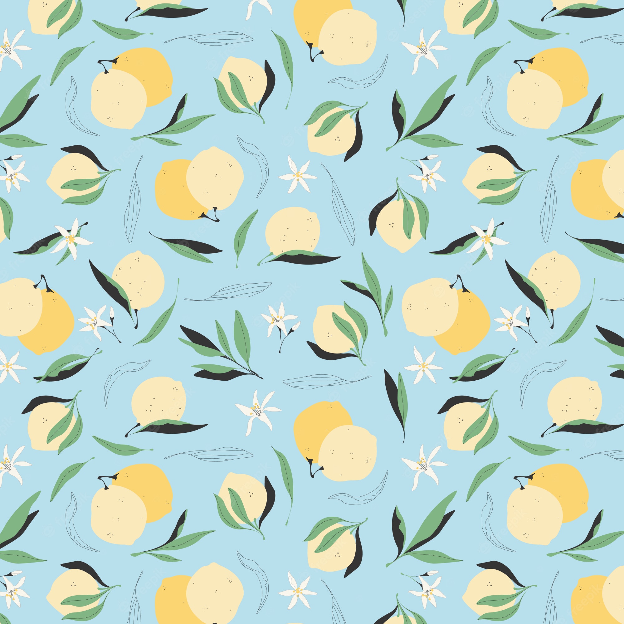 Premium Vector. Seamless Lemon Pattern. Trendy Yellow Lemons On A Blue Background. Modern Hand Drawn Illustration For Greeting Cards, Wallpaper And Wrapping Paper Design. Juicy Summer Fruit Background