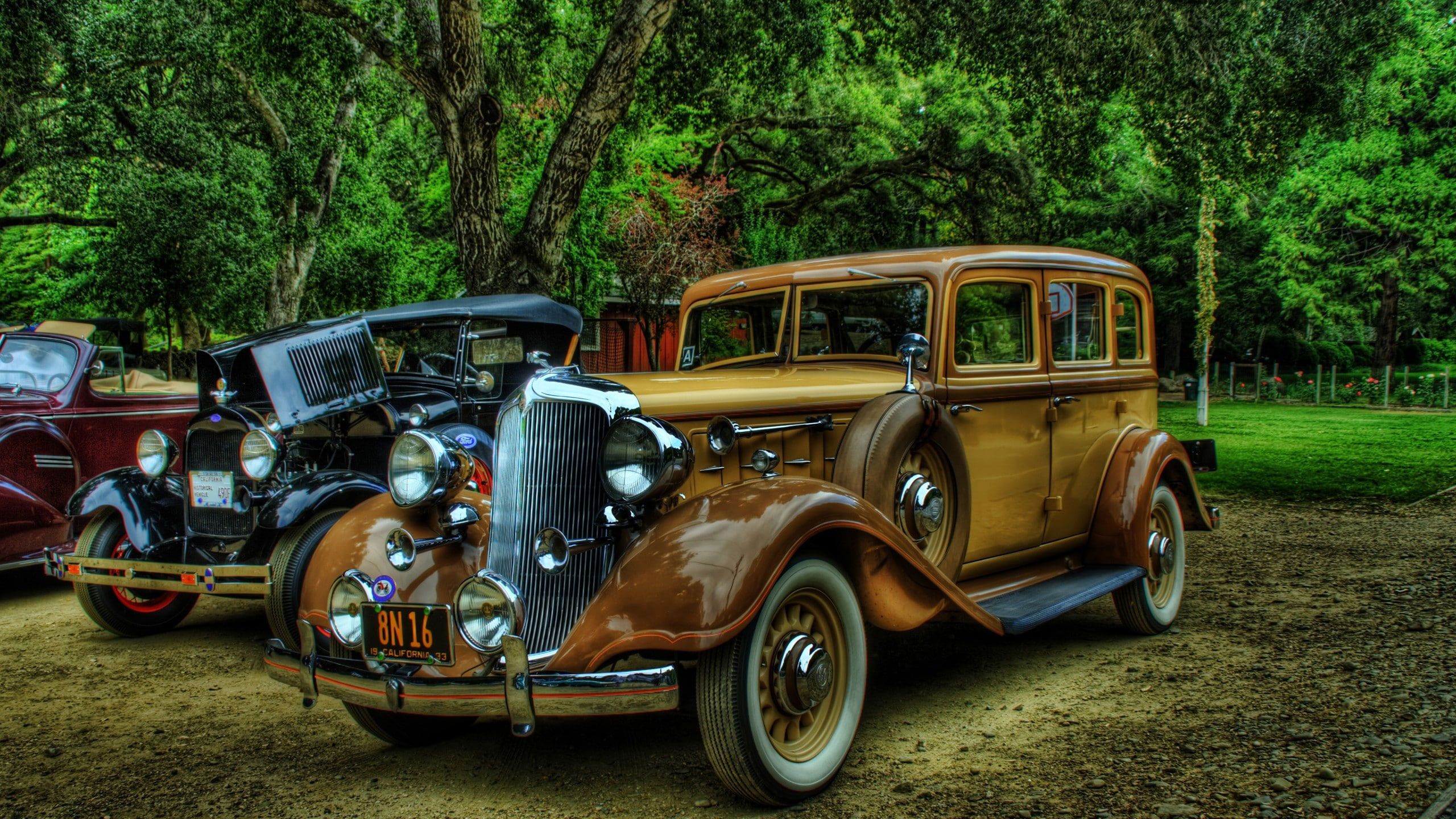 Vintage wallpaper, car, Oldtimer, digital art, vehicle, trees, plants. Classic cars, Old classic cars, Retro cars