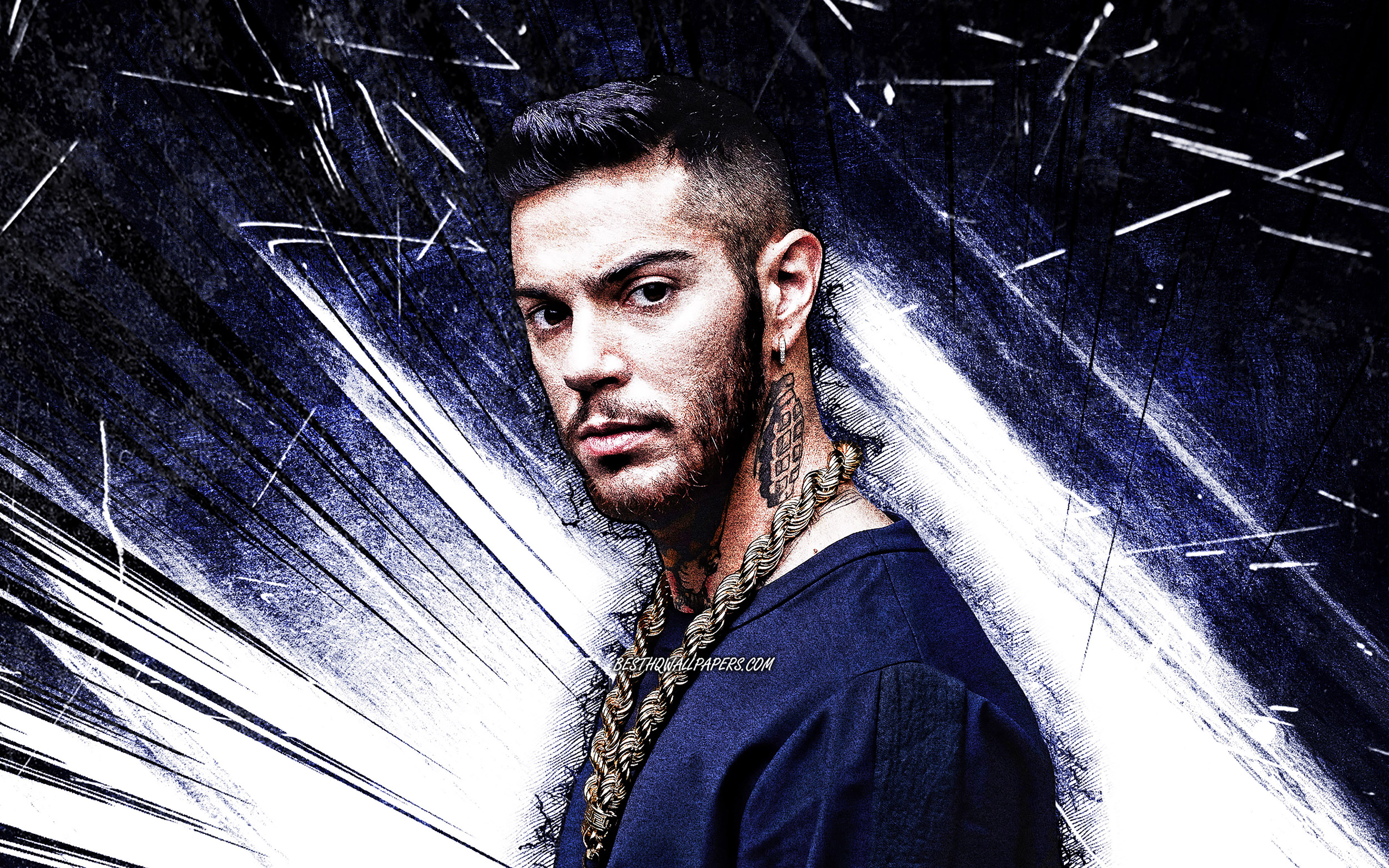 Download wallpaper 4k, Emis Killa, grunge art, italian rapper, music stars, Emiliano Rudolf Giambelli, blue abstract rays, italian celebrity, Emis Killa 4K for desktop with resolution 3840x2400. High Quality HD picture wallpaper
