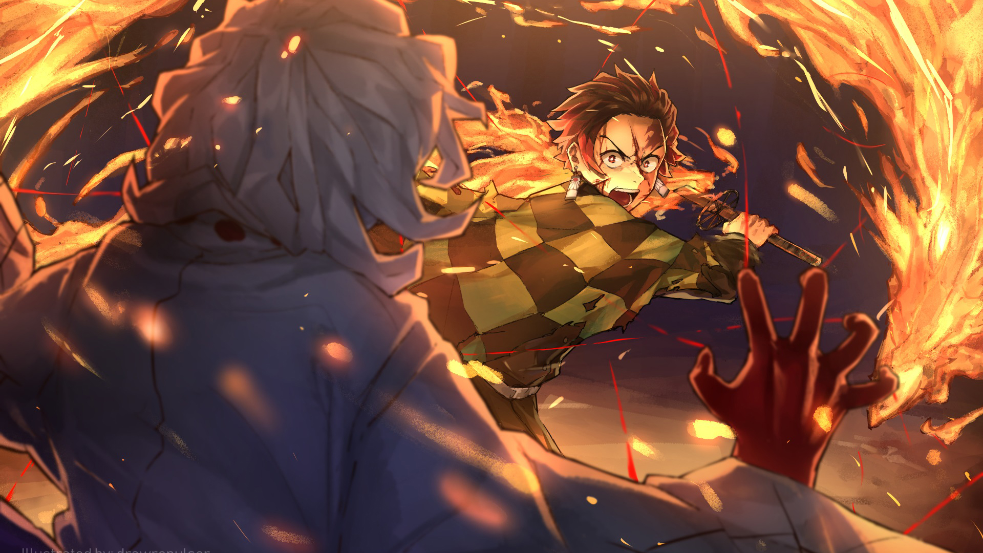 Demon Slayer Tanjiro Kamado Fighting Around Fire HD Anime Wallpaper