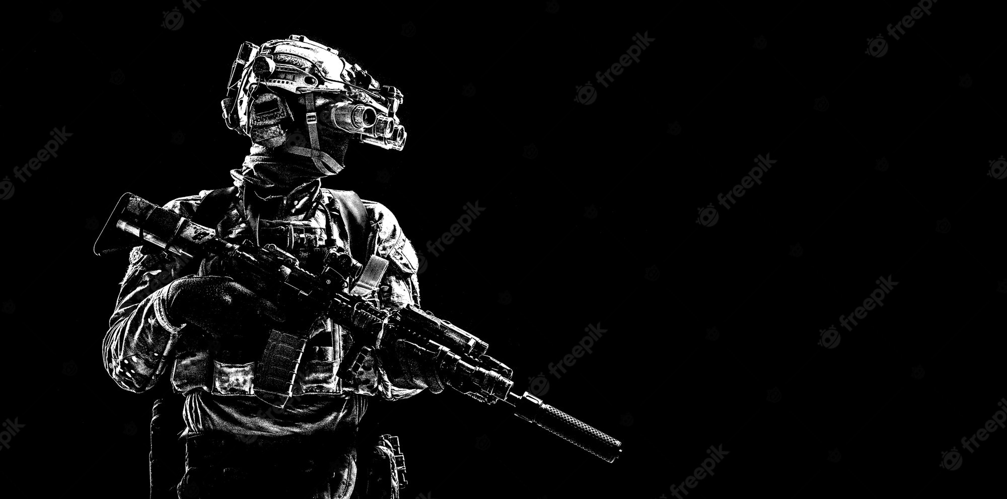 Premium Photo. Modern army special forces equipped soldier, anti terrorist squad fighter, elite mercenary armed assault rifle, standing in darkness with night vision goggles on helmet, studio portrait, copyspace
