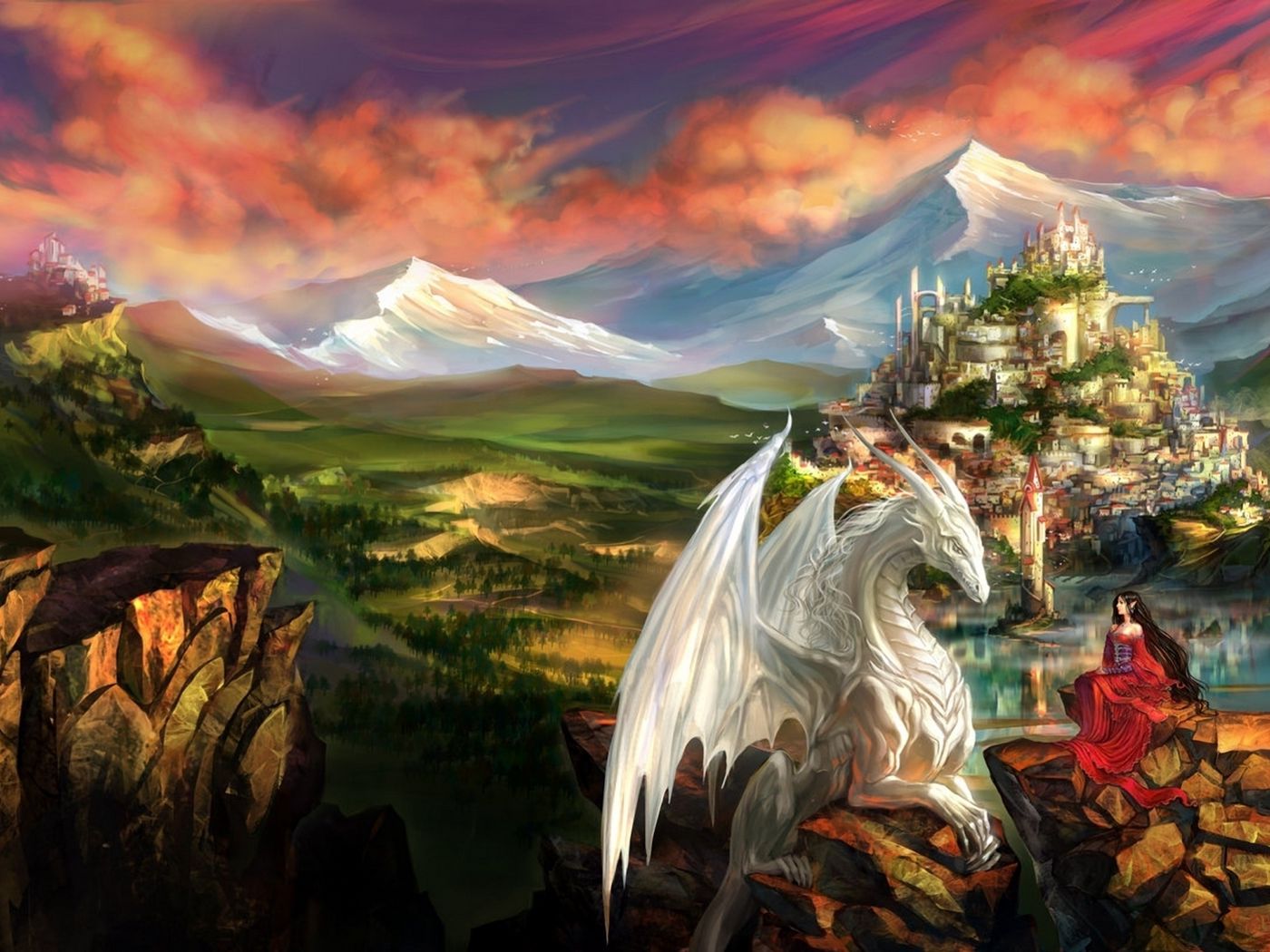 Download wallpaper 1400x1050 dragon, castle, princess, mountain landscape standard 4:3 HD background