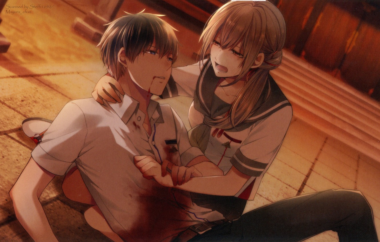 Wallpaper students, wounded, visual novel, the guy with the girl, Surah Of The Digit, by Melo, Hiroka Reisaki, Ousuke Ichizono image for desktop, section игры