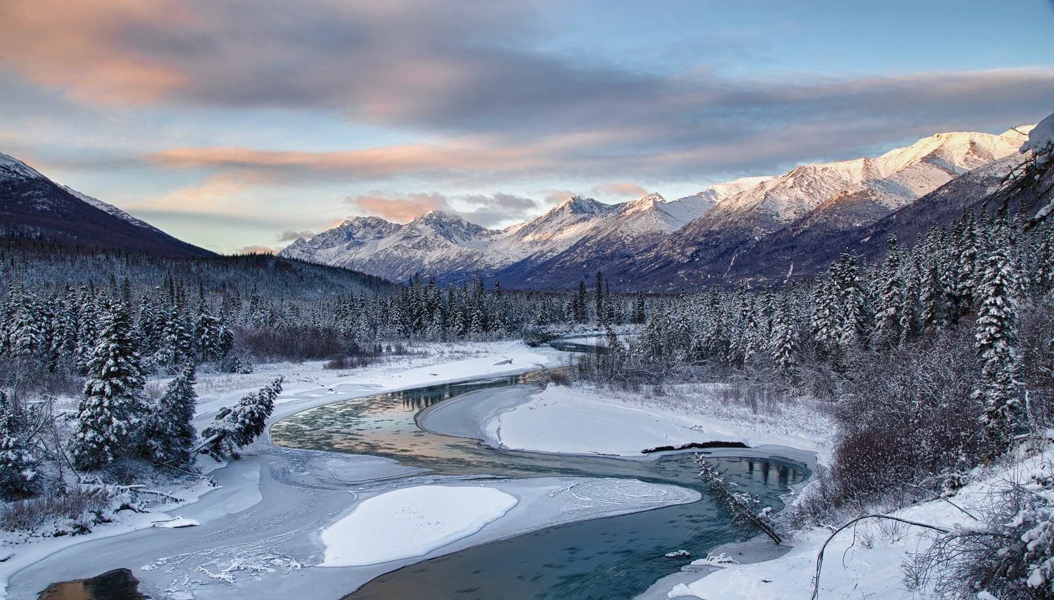 Nature, Landscape, River, Snow, Winter, Mountain, Forest, Landscape HD