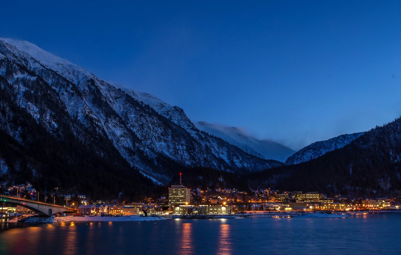 Wallpaper winter, forest, snow, landscape, mountains, night, bridge, nature, the city, lights, river, home, Alaska, USA, Alaska, Juneau image for desktop, section пейзажи